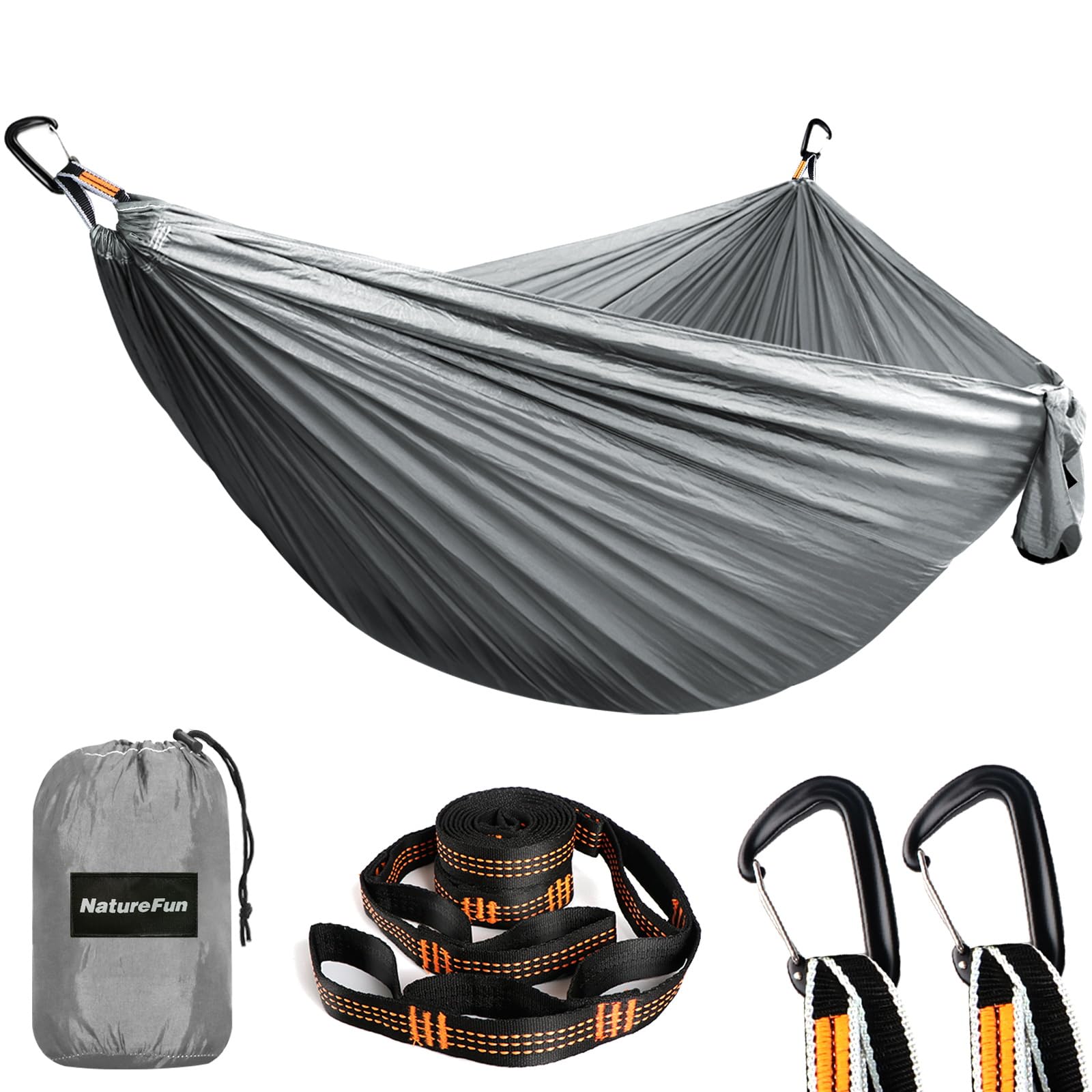 NATUREFUN Ultraleichte Reise Camping Hängematte | 300kg Tragkraft (300 x 200 cm) Atmungsaktiv, Schnelltrocknendes Fallschirm Nylon | 2 x Premium Karabiner, 2 x Nylon-Schlingen Inbegriffen | Draußen