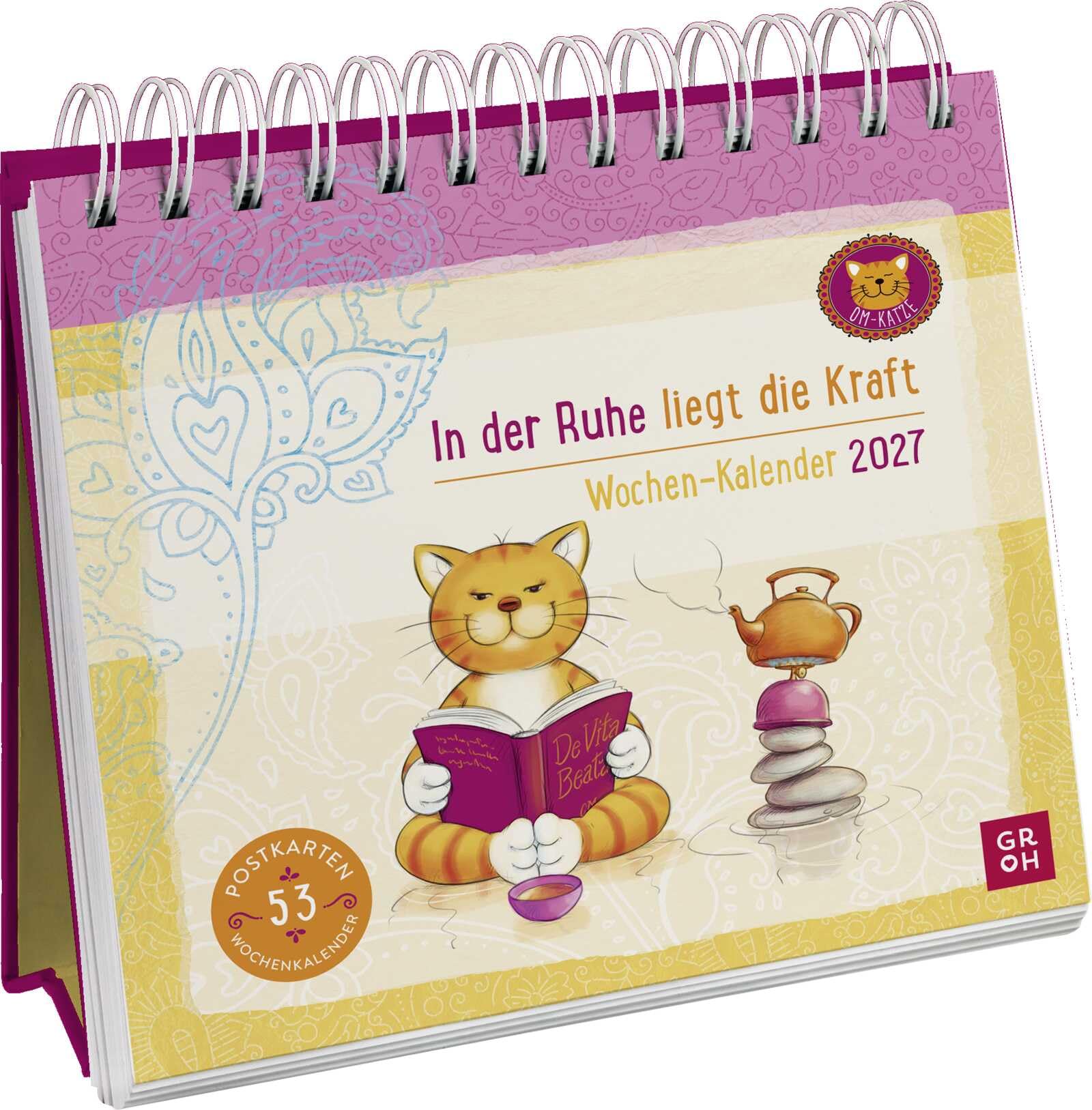 Postkartenkalender 2027: Om-Katze: In der Ruhe liegt die Kraft: Wochenkalender zum Aufstellen, Tischkalender mit Spiralbindung und 53 Postkarten zum Heraustrennen