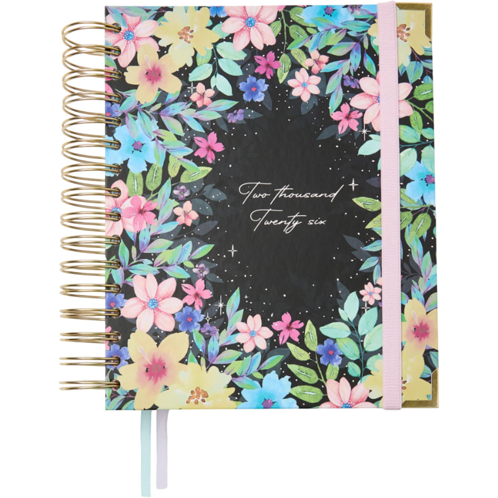 Takenote Diary 2026 - A5 Size (16.5x20.5 cm), Week-to-View, 12-Month Annual Planner January to December, Double Gold Spiral, Dual Bookmark, Elastic Band, Spanish & English - Adele