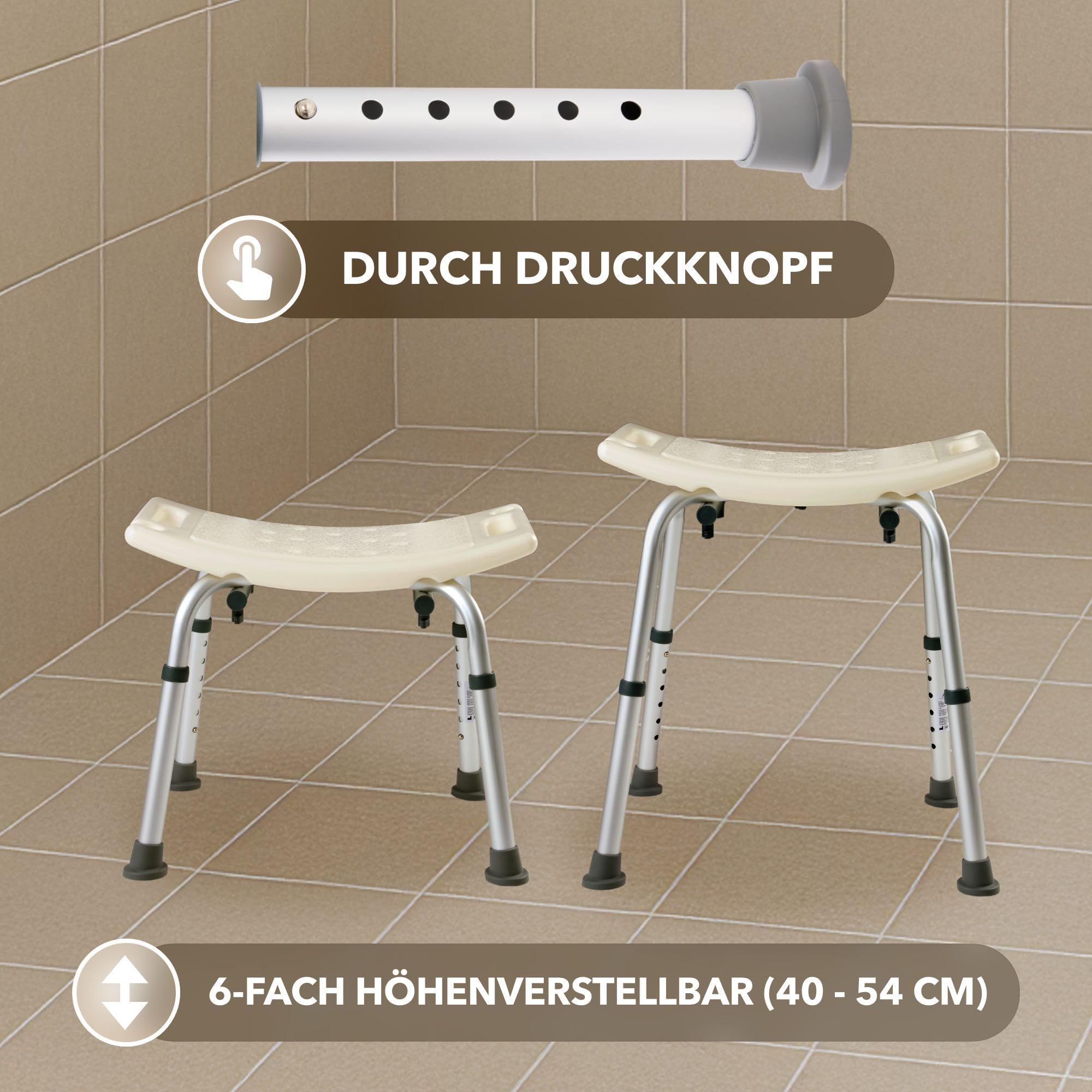 Arebos Duschhocker | Höhenverstellbar | Aluminium-Rahmen | Anti-Rutsch-Gummifüße | Sitzfläche mit Sicherheitsgriffen | Duschhilfe | Duschstuhl | Duschsitz | Badhocker | Badewaannensitz | für Senioren
