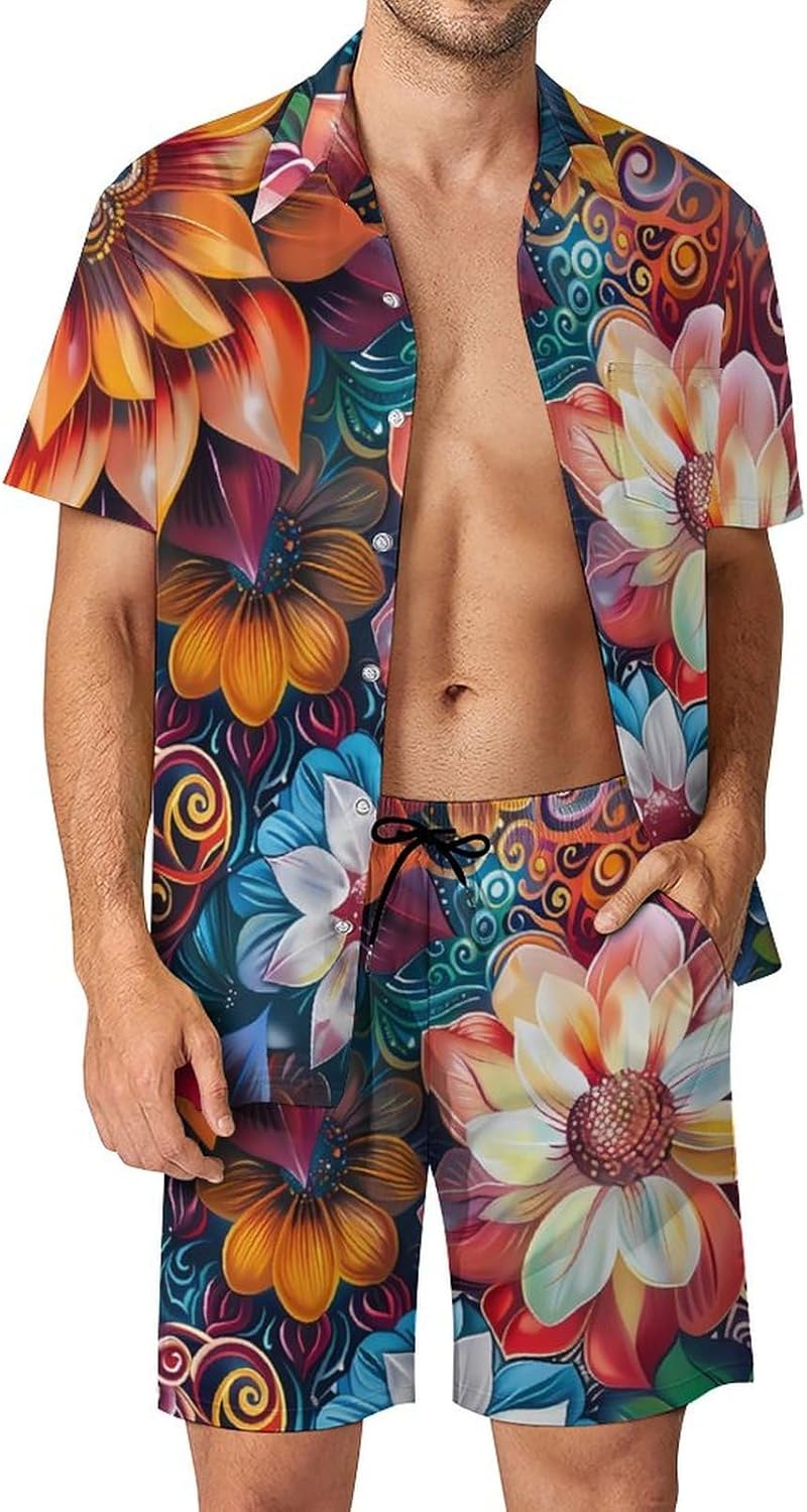 Colorful Floral Mandala Men's Summer Beach Outfits Shirt And Shorts Set 2 Piece Vacation Swimwear