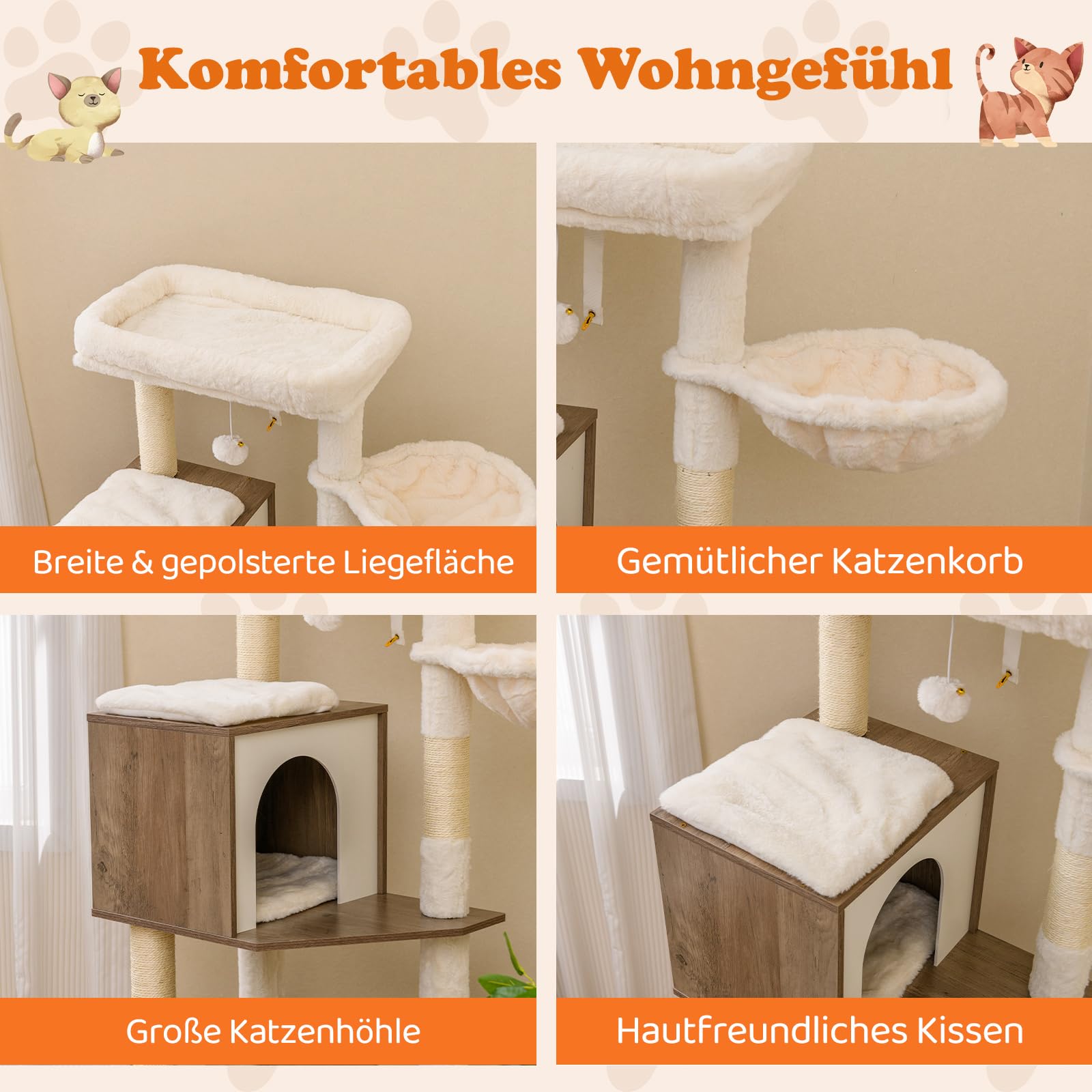 COSTWAY Drapak z szafką dla kotów, szafka dla kota, drapak dla kota z słupkami sizalowymi, platformy, mata do drapania, jaskinia i 2 miski na karmę, drewno, drzewo dla kota (szary)