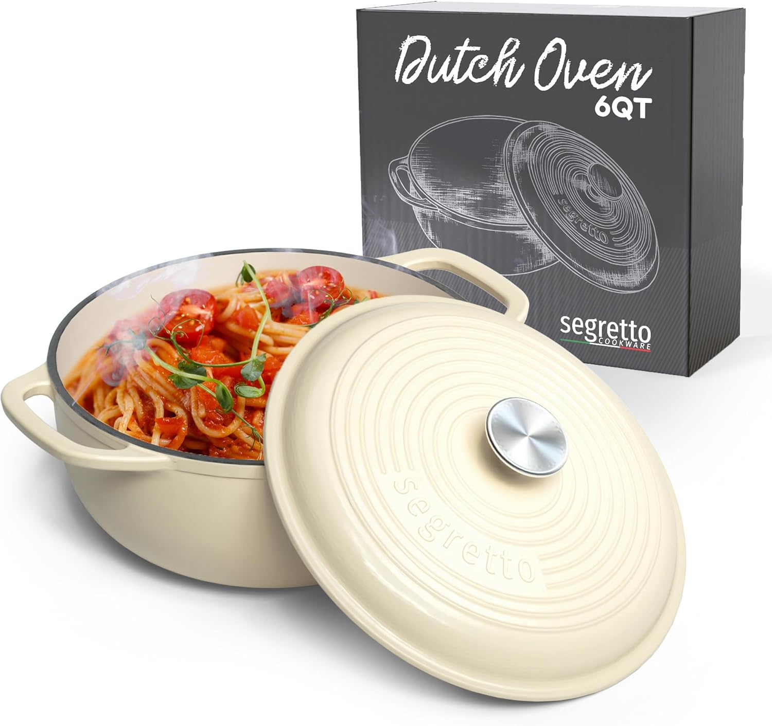 Segretto Cookware Enameled Cast Iron Dutch Oven, 6 Quarts, White