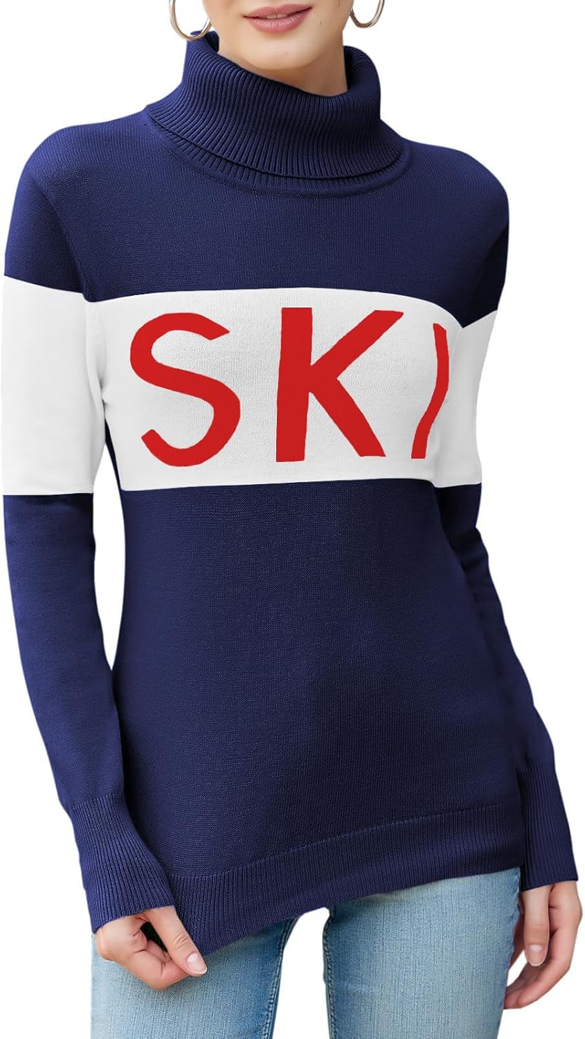 LCXWFE Womens Ski Sweaters Color Block Long Sleeve Turtleneck Pullover Sweater Trendy Knitwear Tops