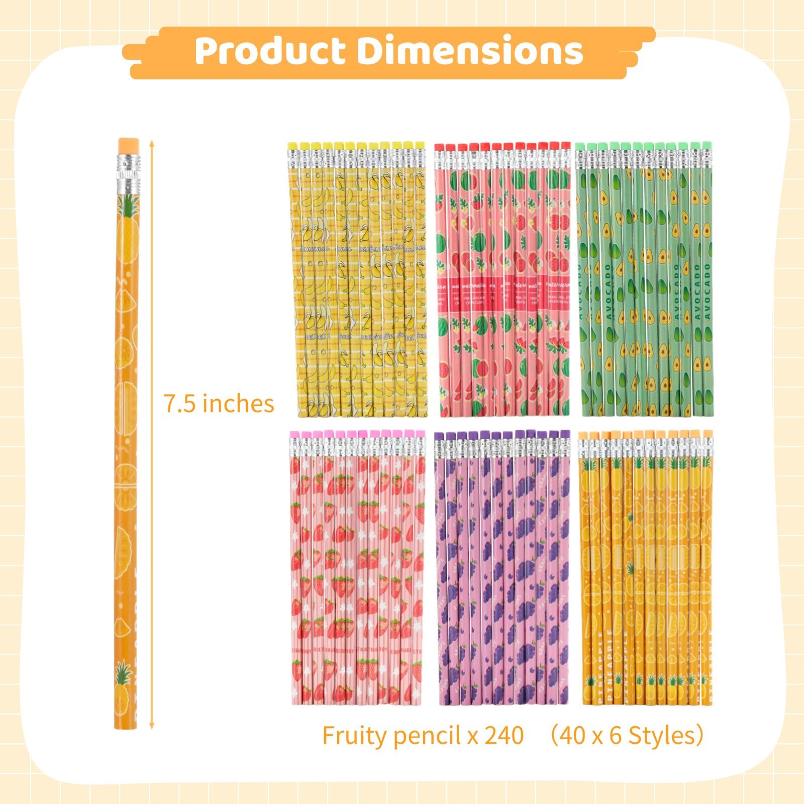 Lot de 240 crayons colorés en bois HB avec motifs de fruits amusants pour étudiants, récompenses et cadeaux
