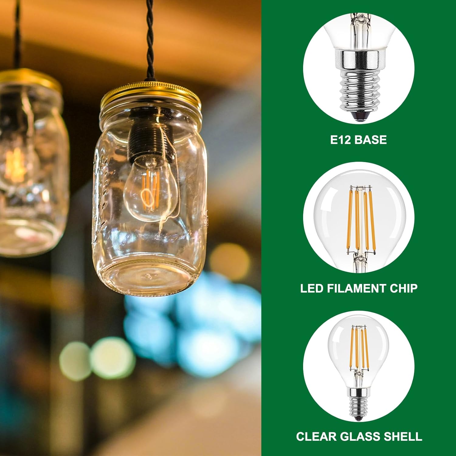 G45 E12 Small Round Edison Light Bulbs 120V 4W (30 Watt Equivalent),Warm White 2200K 300LM Decorative Edison Light Bulb,Clear Glass,Non-Dimmable,2 Pack