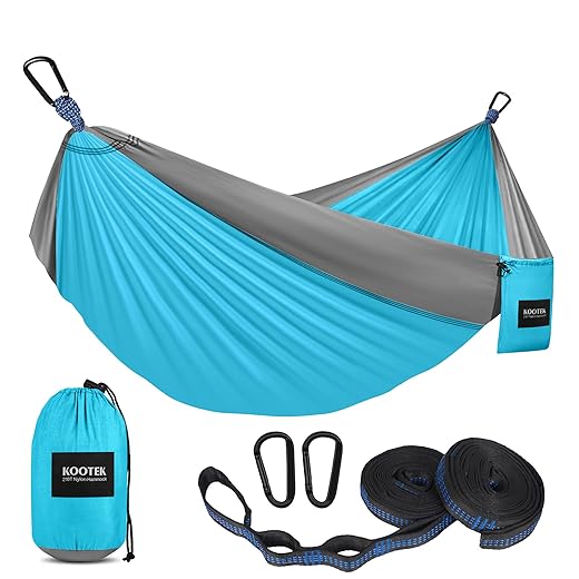 Kootek Camping Hammock Single Portable Hammocks Camping Accessories for Outdoor, Indoor, Backpacking, Travel, Beach, Backyard, Patio, Hiking, Sky Blue & Grey