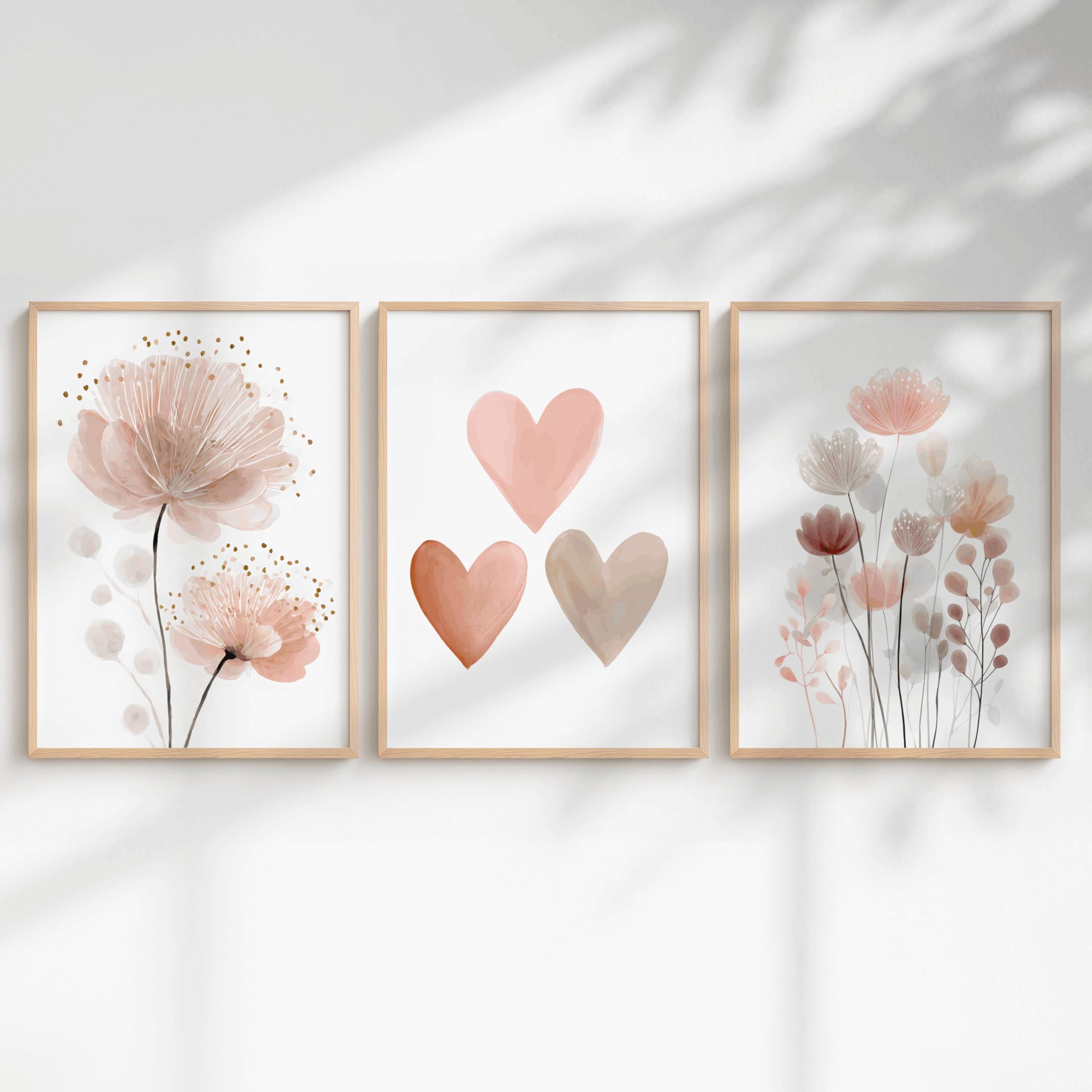 Generisch 3er Poster Set Kinderzimmer Mädchen – Babyzimmer Wandbilder mit Einhorn, Prinzessin, Tieren & Regenbogen – Liebevolle Deko fürs Mädchenzimmer (Blume & Herz, DIN A4, Ungerahmt)