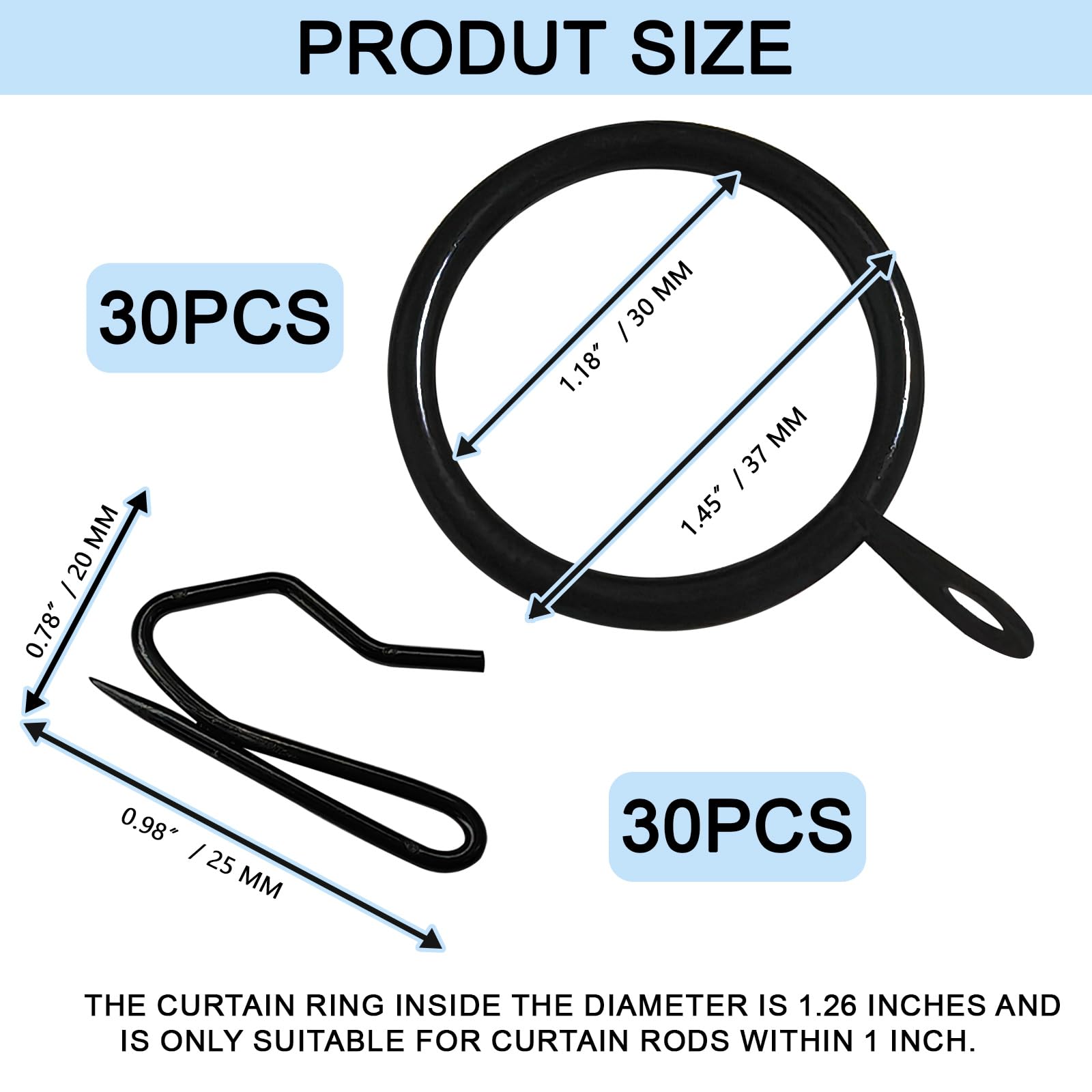 TNsughang 30 Pack Metal Curtain Rings for Drapes and 30 Pack Metal Curtain Hooks Curtain Rings with Hooks Ring Hooks for Curtains Drapery Rings with Hooks for Window Door Shower (Black, 1.18 Inch)