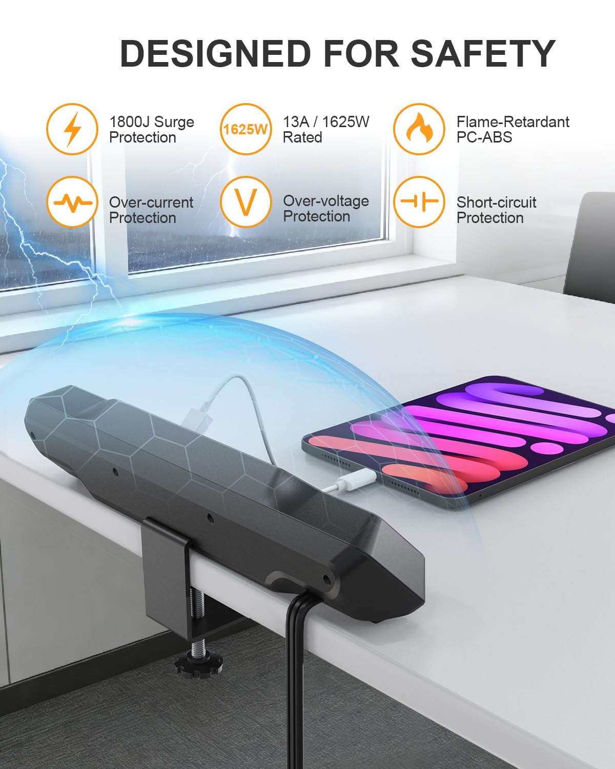 Zacisk komputerowy, ochrona przeciwprzepięciowa, 6 gniazd, płaska wtyczka, 1800J, 4 porty USB-C (dowolny port 35W), do domu i biura, ognioodporna obudowa PC-ABS, se
