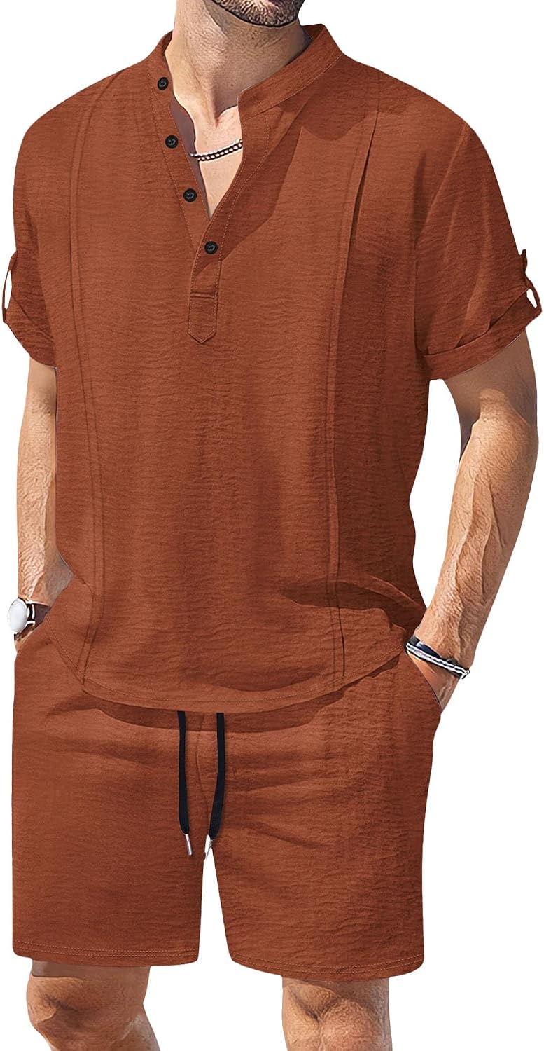 Maiyifu-GJ Men's Cotton Linen 2 Piece Outfits Short Sleeve Henley Shirts and Shorts Sets Summer Casual Lightweight Beach Set
