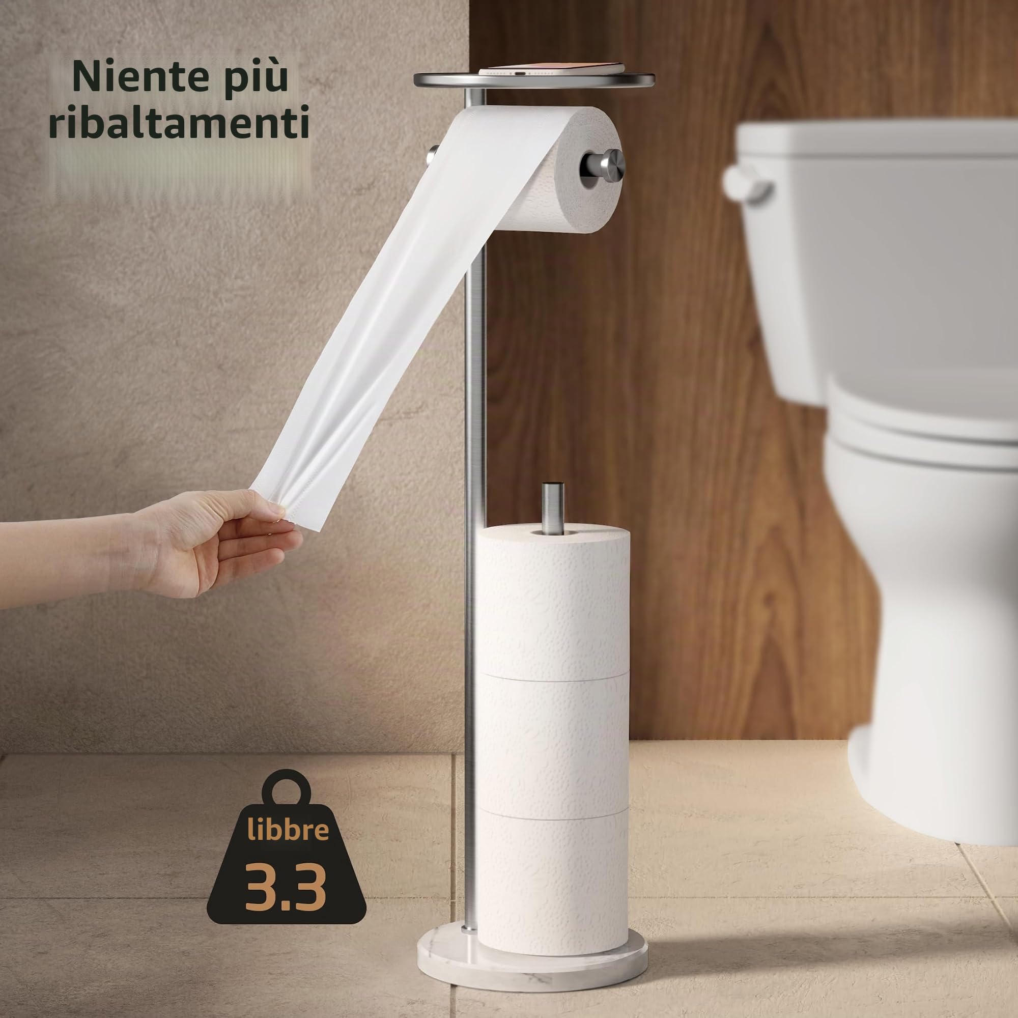 KES Porta Carta Igienica da Terra con Mensola, Portarotolo Carta Igienica Bagno con Portarotoli di Scorta, Acciaio Inox Satinato 18/8, Base in Marmo, Accessori Bagno BPH229-2
