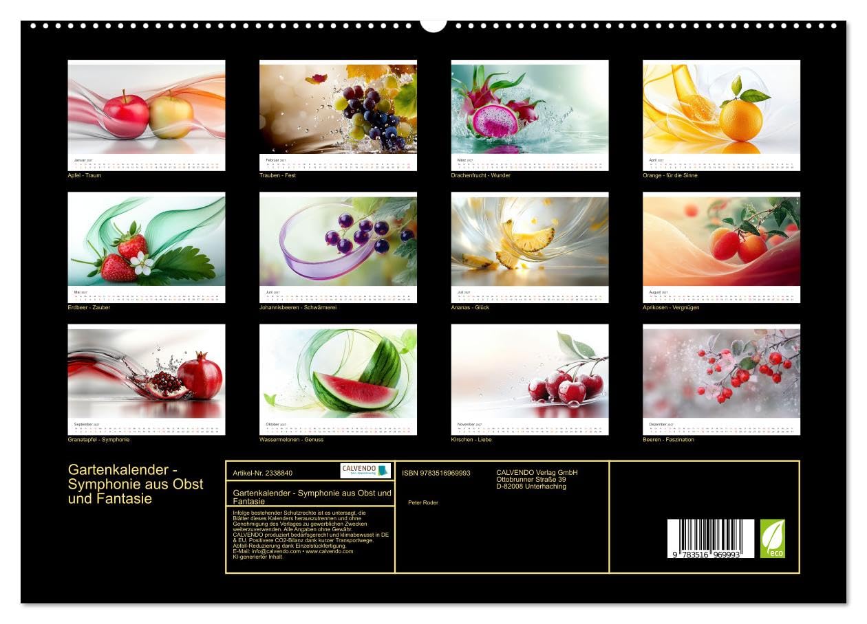 CALVENDO - Gartenkalender - Symphonie aus Obst und Fantasie (hochwertiger Premium Wandkalender 2027 DIN A2 quer), Kunstdruck in Hochglanz: Obst und Kunst - ein Spiel aus Farben, Licht und Formen.