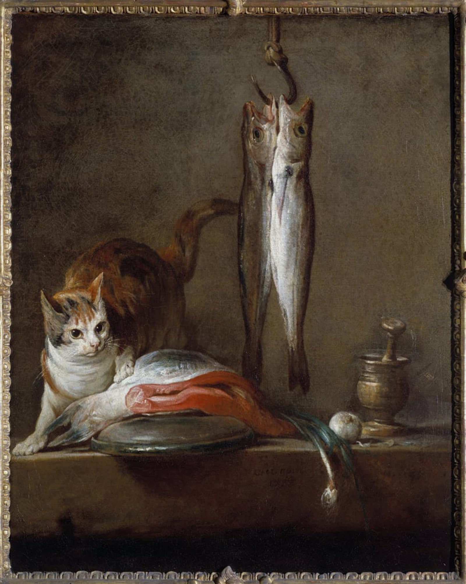 POSTERIIk Vintage Classic Picture Landscape Artwork Cat with Slice of Salmon Two Mackerels Mortar and Pestle by Jean Baptiste Simeon Chardin Portrait Canvas Painting for Office Home Decor 60x90cm