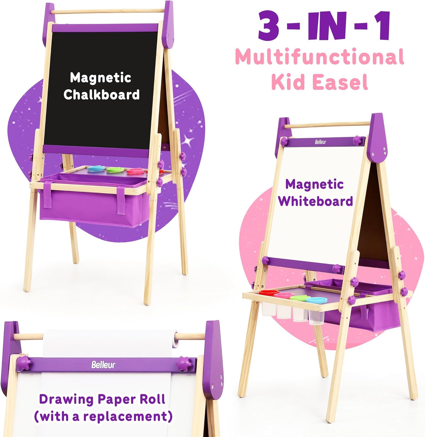 Belleur All-in-One Art Easel for Kids, Adjustable Double Sided Easel for Toddlers with Magnetic Whiteboard & Dry-Erase Chalk Board & Paper Roll, Child Painting Easel for Kid 2-8 Birthday Gift-Purple