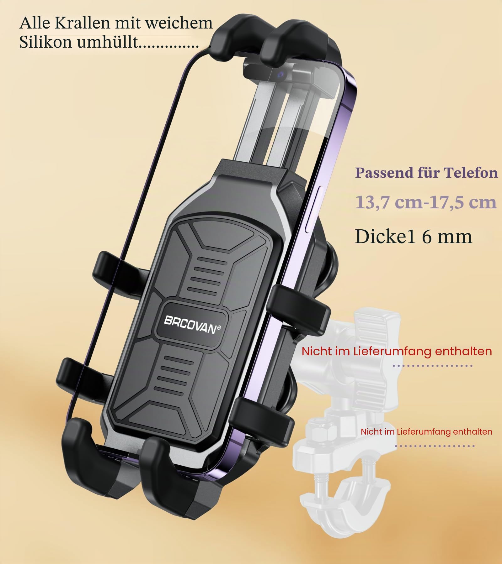 BRCOVAN 1'' Kugel-Motorrad-Handyhalterung mit Vibrationsdämpfer, verstellbare Handyhalterung für ATV UTV Bike Scooter, kompatibel mit RAM Mounts B-Größe Doppelsockelarm, für 5,4''-7,2'' Smartphones