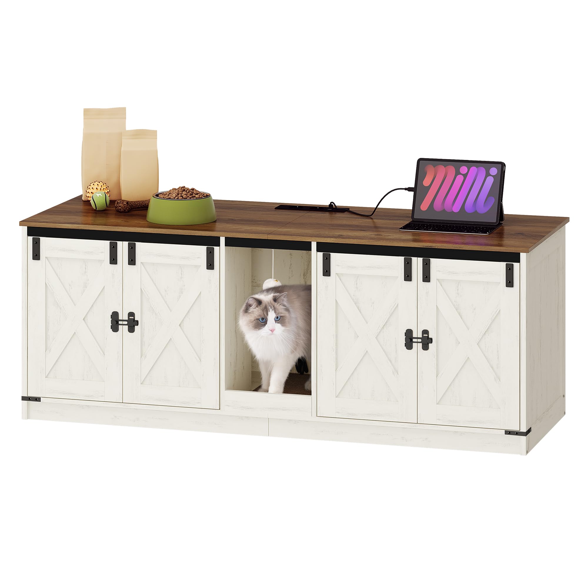 Hzuaneri Armario para Gatos, Mueble Arenero Gato con Puertos USB y Tomas de Corriente, Mueble Arenero Oculto de 140cm para 2 Gatos, Casa para Gato de Interior, Marrón Rústico y Blanco CB82514X The Forest Stewardship Council