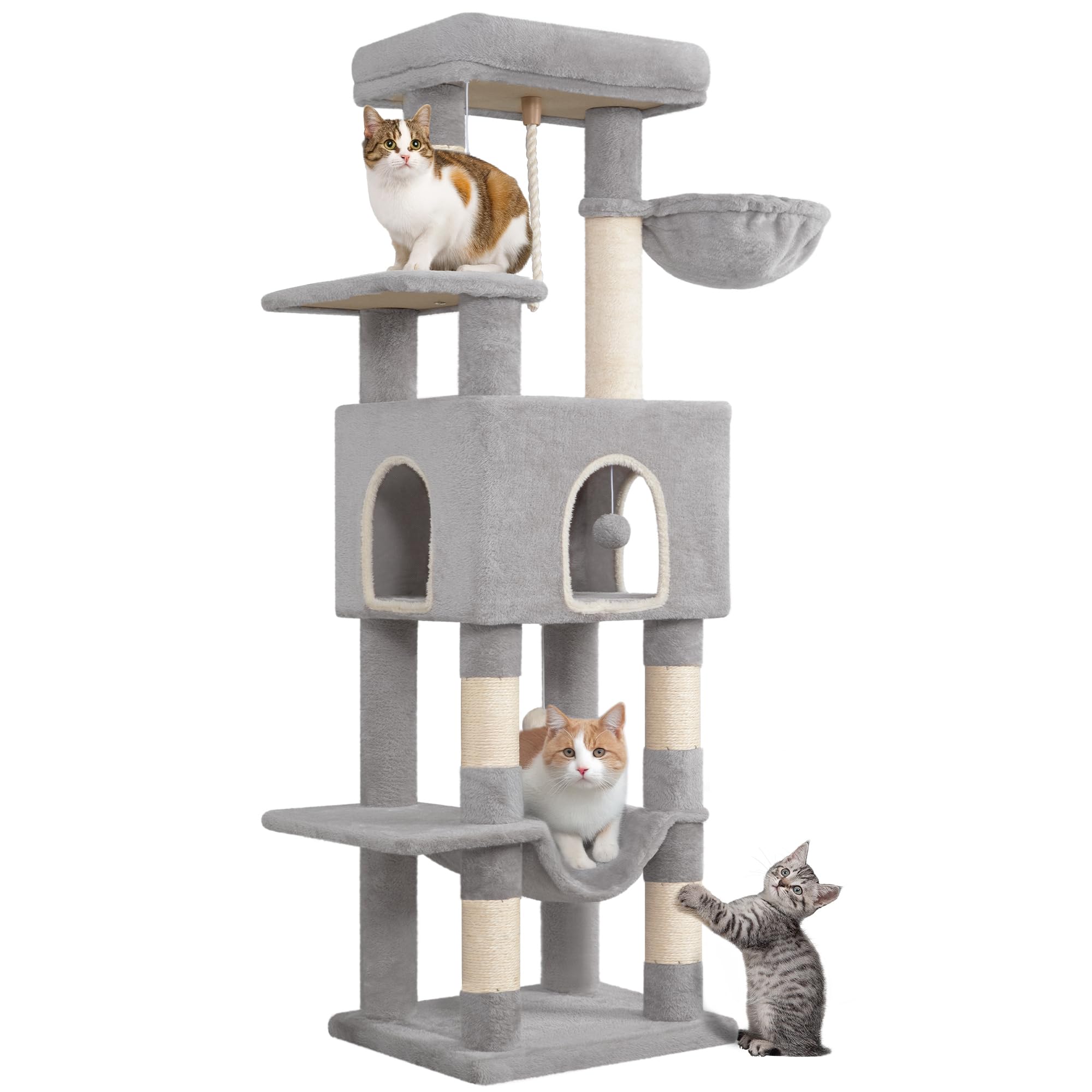 Hzuaneri 149 cm Cat Tree for Indoor Cats, Cat Tower with Large Hiding Cave, Scratching Post with Large Platforms, Multi-Level Cats Activity Center, Sisal Rope, Hammock, Light Grey MS14918LG