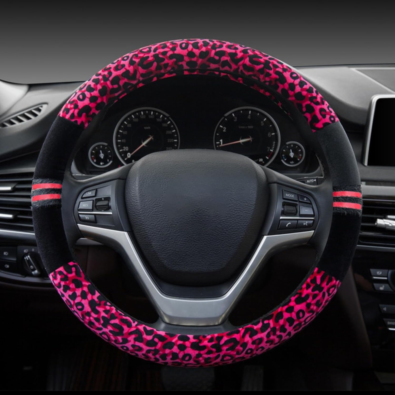 Car Steering Wheel Cover Leopard Non-Slip Luxury Steering Wheel Protector Universal Fit 15 Inch for Winter,Warm Furry Interior Car Accessories(Black-Brown)