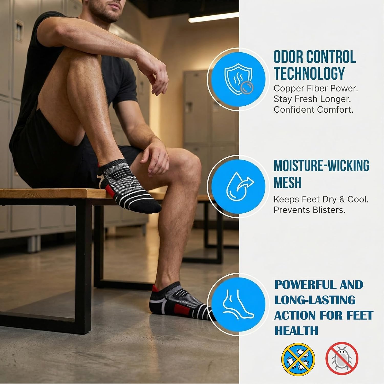 Kodal Ankle Compression Socks, Copper Yarn Low Cut Training Socks, Odor Free Moisture-wicking Arch Support Cushion - Image 4