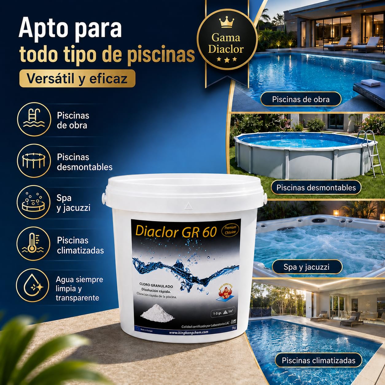 Pack 2 UDS - Cloro rápido para Piscinas DIACLOR GR 60 10 KG (2x5 KG) - Cloro granulado de disolución rápida Blanco