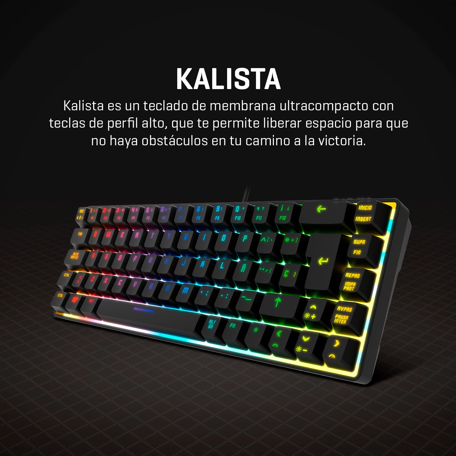 KROM Kalista - Teclado Gaming de Membrana RGB Rainbow, Formato 62%, Modo Gaming, N-19 Anti-ghosting, Windows | Mac, Layout español, Negro