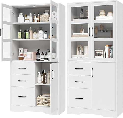 Miniatura 7 de HIFIT Armario alto de almacenamiento para baño, gabinete de lino moderno con 2 puertas de exhibición de vidrio, estantes y cajón, armario de 67