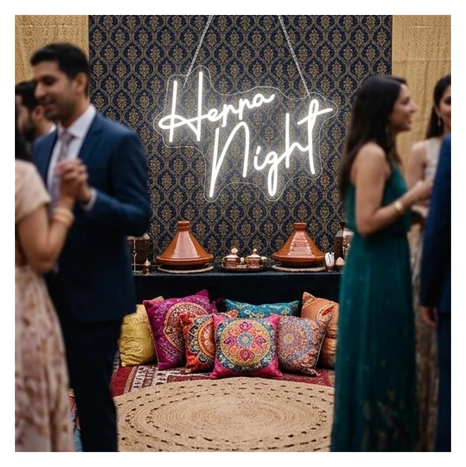 LED néon signe Enseigne Lumineuse Henna Night À Intensité Variable Alimentée Par USB Pour Décoration De Mariage, De Fête Prénuptiale, De Fiançailles(B,50X38cm)