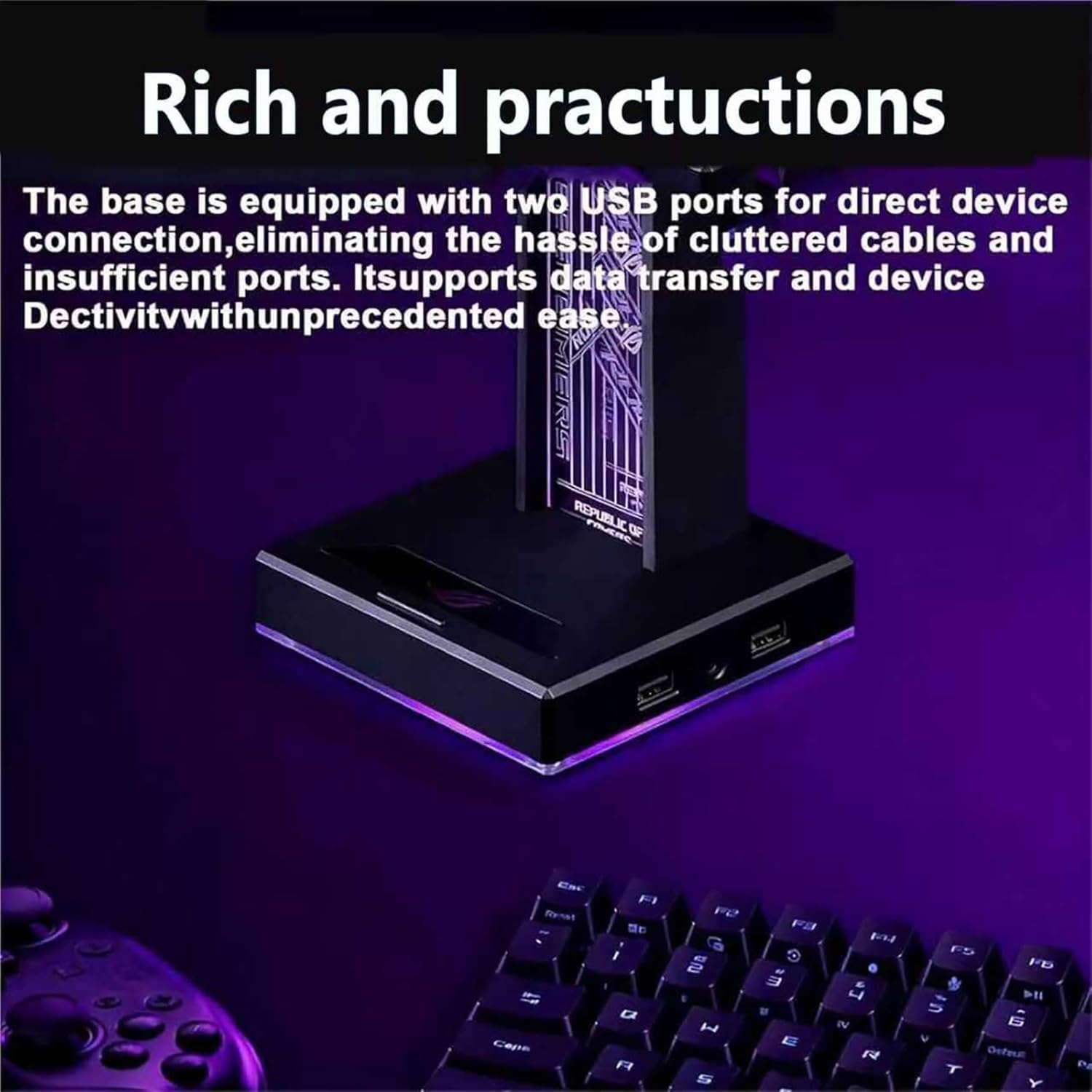 COYEUX Soporte Acrílico para Auriculares Gaming, Soporte RGB para Auriculares con 2 Puertos USB Y Puerto De Audio De 3,5 Mm, 10 Modos De Iluminación, Accesorios para Juegos De Ordenador para Todos