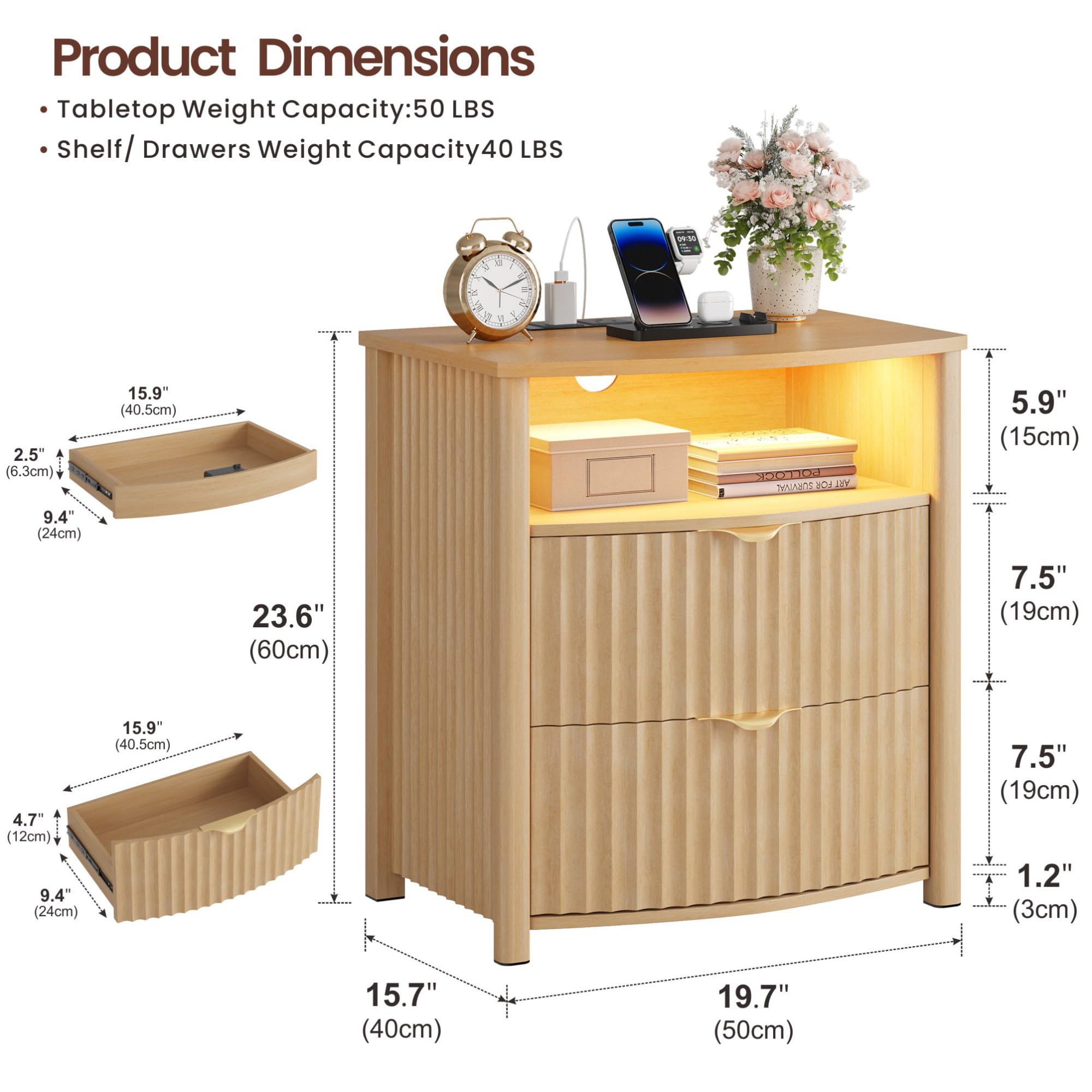 TAGELIER LED Nachttisch mit Geheimfach & Ladestation, Naturholzfarbe