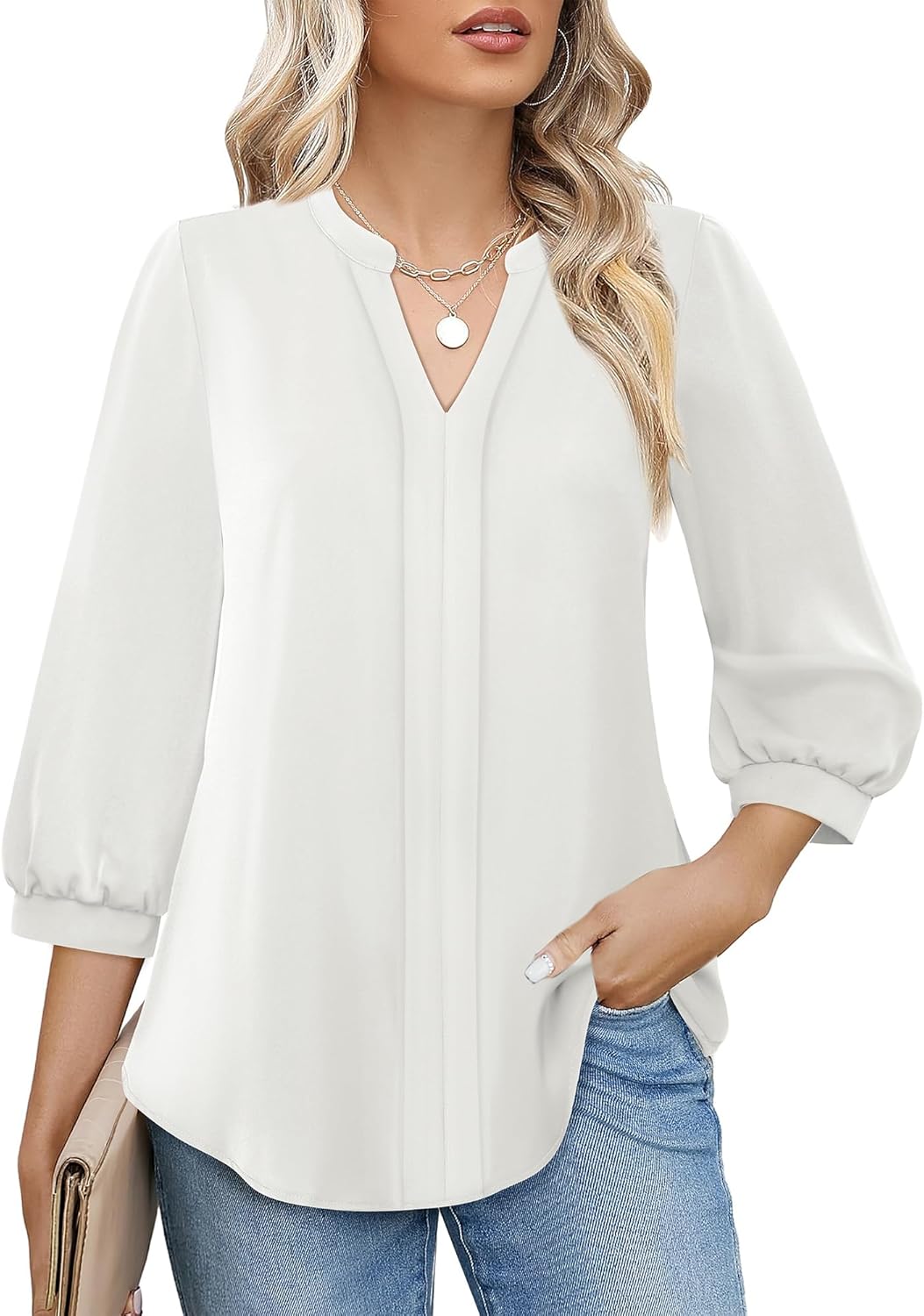 Messic Women's Blouse Dressy Casual 3/4 Sleeve Pleated V Neck Tops Business Work Shirts for Fall 2024 Trendy Outfit - Image 2
