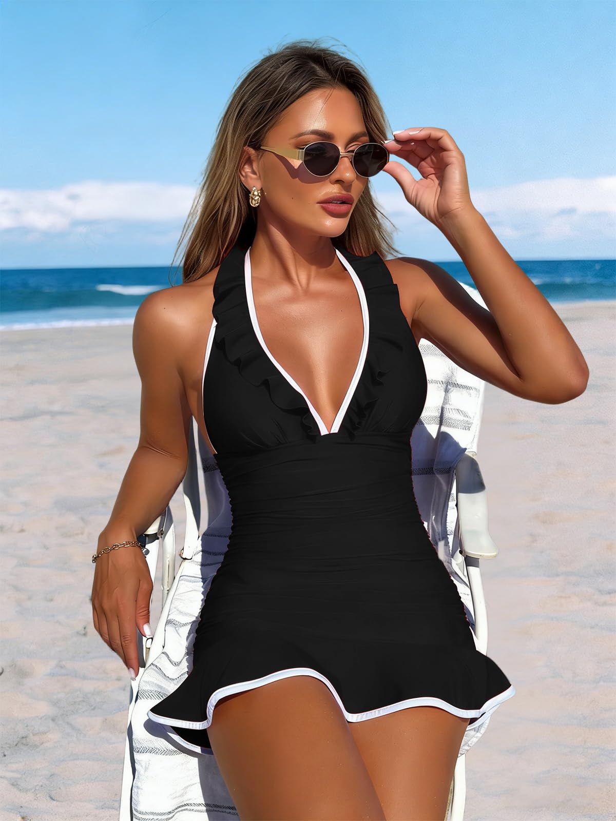 JFAN Tankini Mujer Talla Grande bañador con Falda Cuello V Volante Traje Baño Push Up Tankini Top y Bragas para Piscina