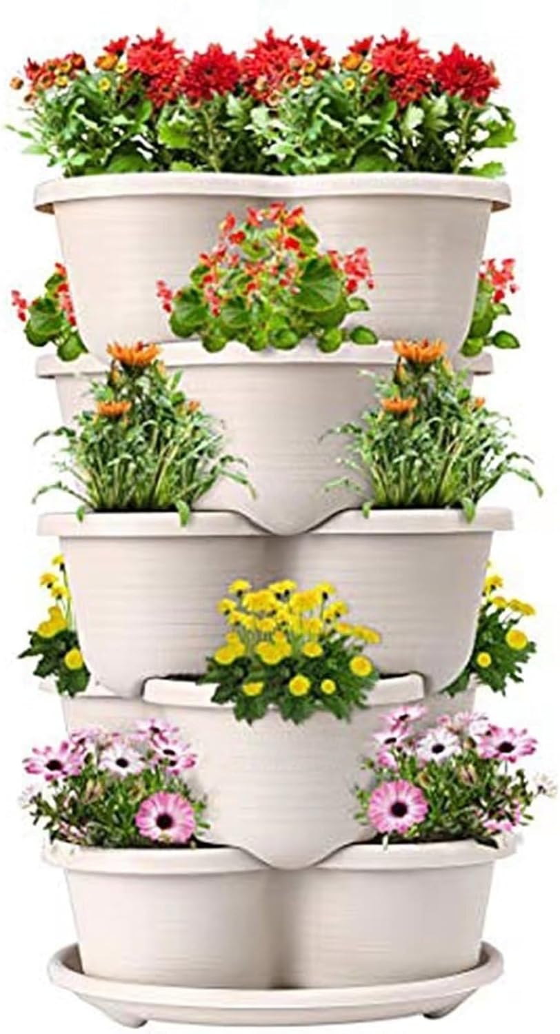 5 Tier Strawberry Planter Vertical Garden Tower - Stackable Gardening Pots for Herbs, Flowers, Vegetables - Indoor/Outdoor Patio Decor (Terracotta)
