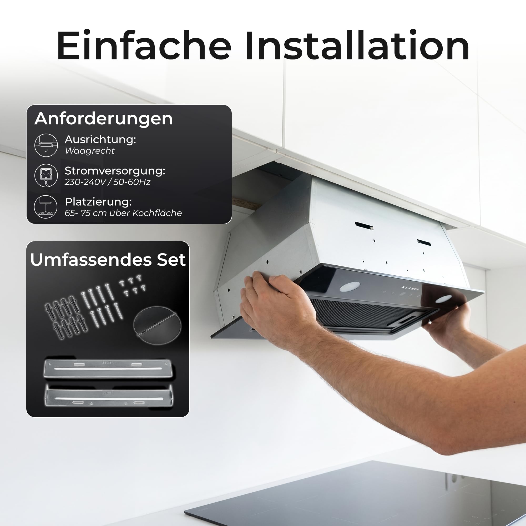 Klamer Einbau Dunstabzugshaube Schwarz 530 m³/h Umluft Abluft A+ 3 Stufen Timer 2 LED Aktivkohlefilter