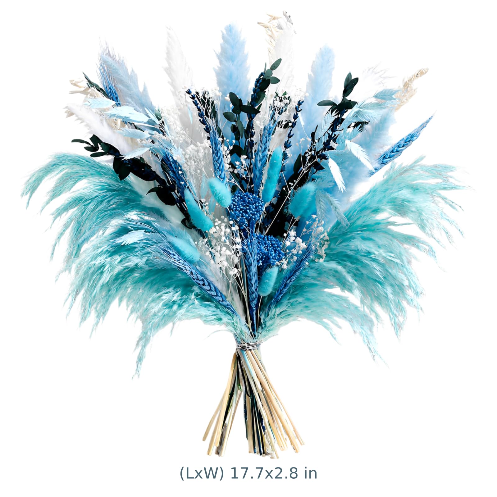 Blaue Pampasgras Deko, 45 cm Trockenblumenstrauß mit weißen Mischblüten, Boho-Stil natürliche Trockenblumen Deko für Home Office, Hochzeit, Bauernhaus und Tischdeko