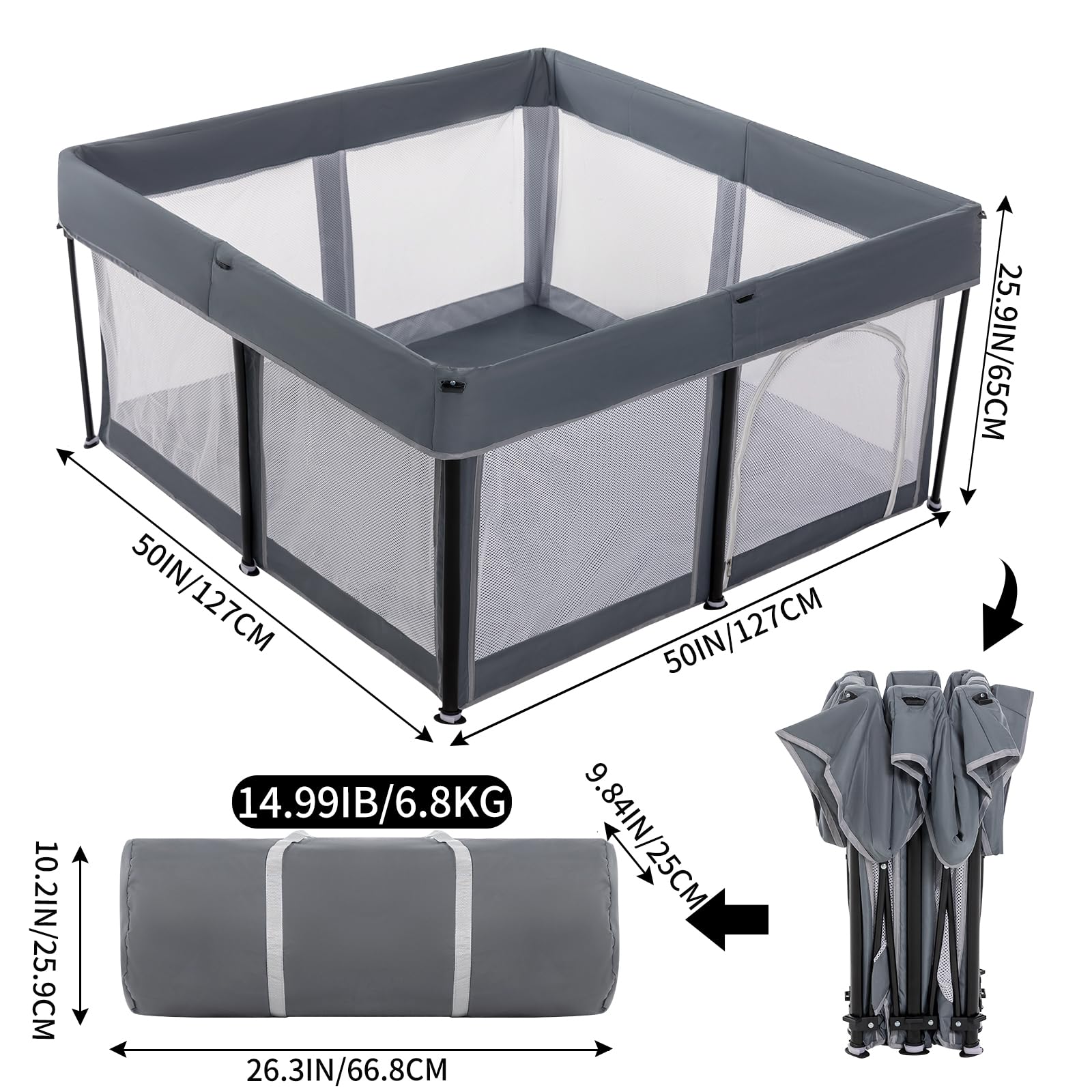 Box pieghevole per bambini, 127 x 127 cm, extra large, per neonati e bambini, centro attività per interni ed esterni con recinzione, grigio