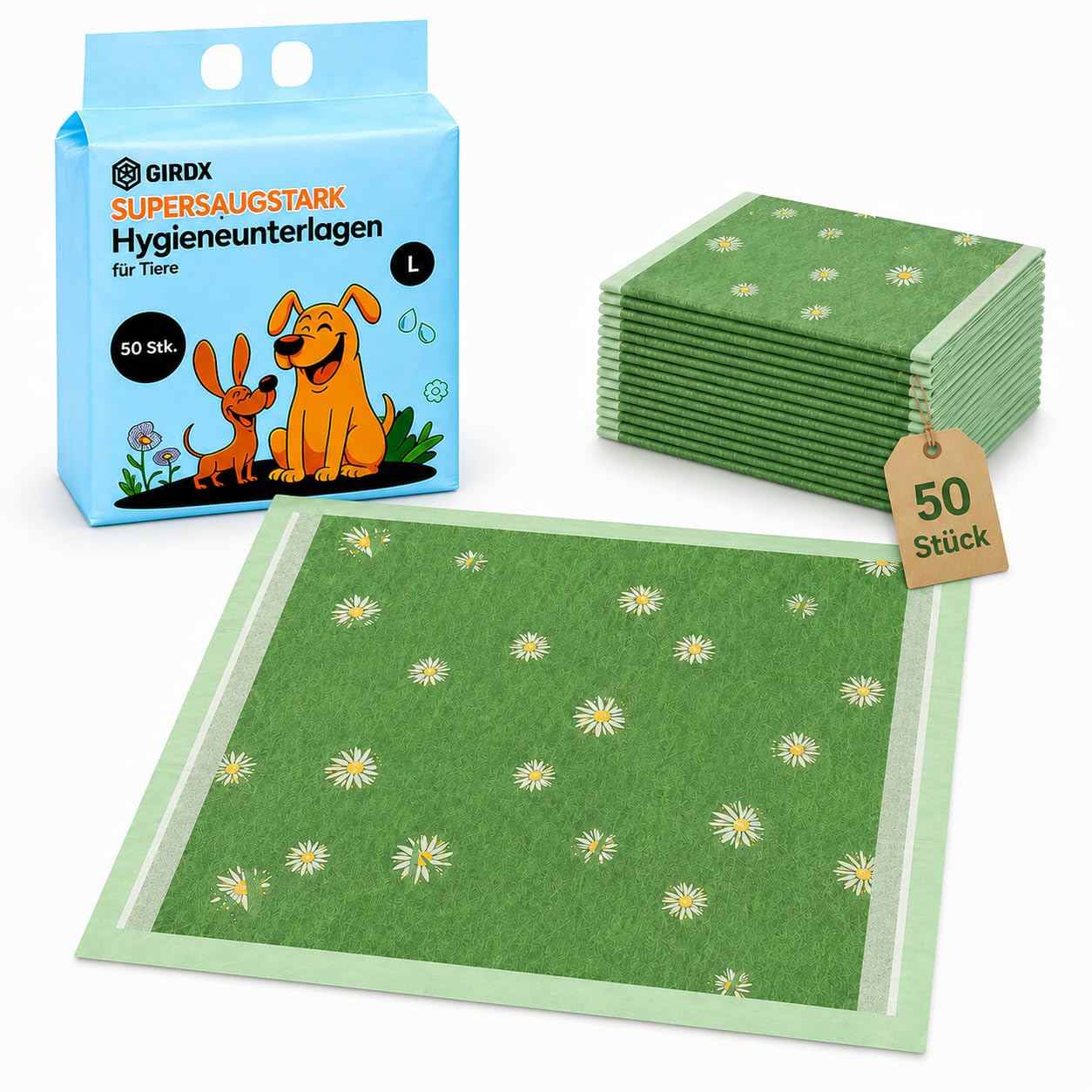 GIROX PIPI Matten für Hunde, 50 Stück Welpen Unterlagen 60x90 cm | Saugstarke, Auslaufsichere Trainingspads mit Grasmuster, Bodenschutz, Haustierbedarf für Welpentraining und Tierhygiene