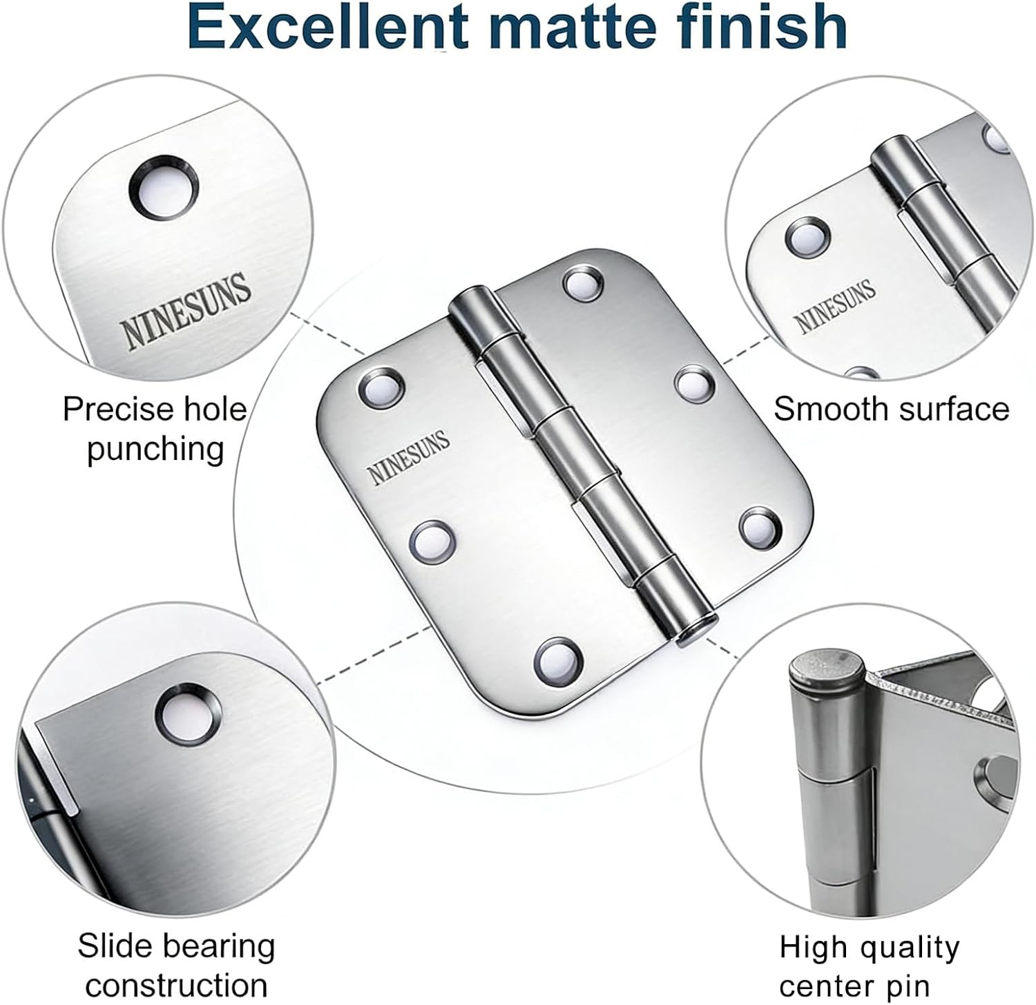 18 Pack Door Hinges 3 1/2 Inch - Matte Silver Silent Hinges for Doors - 5/8" Radius Round Corners for All Interior Doors - Removable Pin Design for Easy Installation and Maintenance