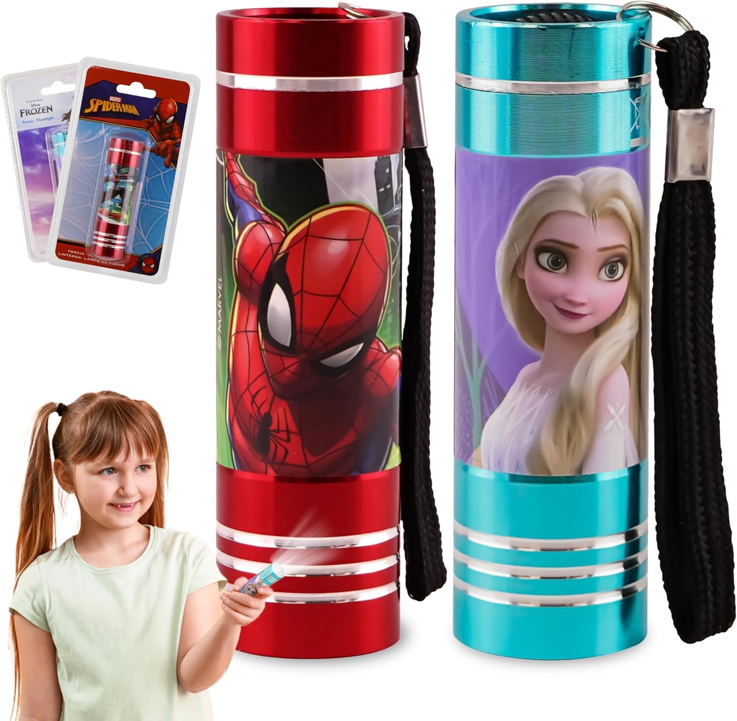 SRV Hub 2Pcs Children's Christmas Torches, Frozen and Spiderman LED Torch, Super Bright LED Aluminium Torches, Nightlights with Lanyard for Travel, Kids Xmas Flashlights Gift 3+ Years Size - 8.7cm