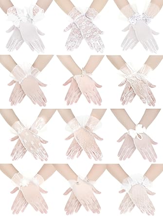 Tisancy 12 Pairs Women White Lace Gloves Bulk Tea Party Elegant Short Gloves Pearl Floral for Vintage Wedding Opera Party Accessories Cosplay Costume Accessory