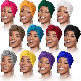 12 Pieces Women African Turban Knotted Head Wraps Pre Tied Bonnet Beanie Cap India's Hat Turban Headwraps for Women, 12 Colors