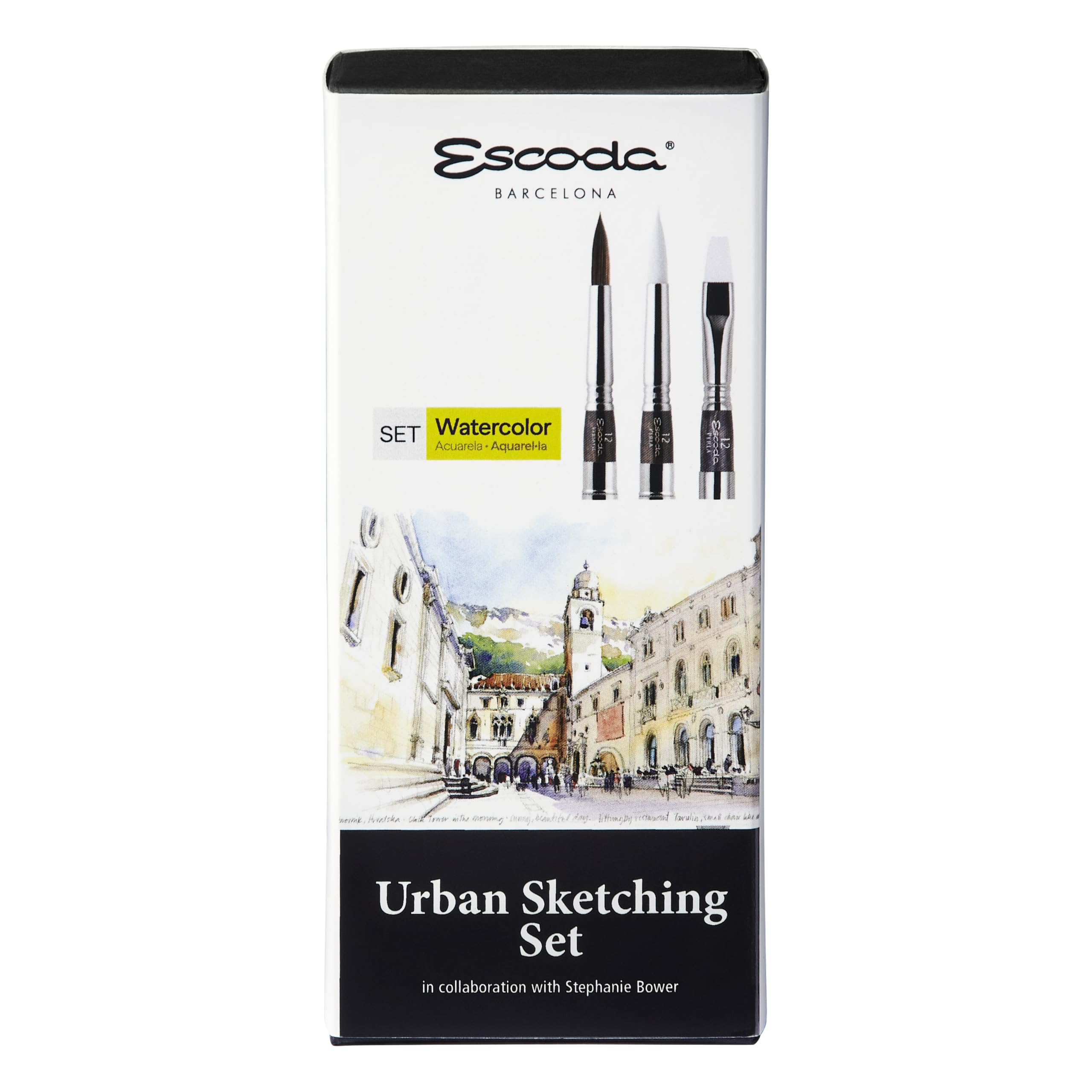 ESCODA | Acquerello| Urban Sketching Set | Set di pennelli da viaggio | 3 pennelli tascabili | Dimensione 12 | Fibra sintetica | Rotondo a punta, Piatto Carrado