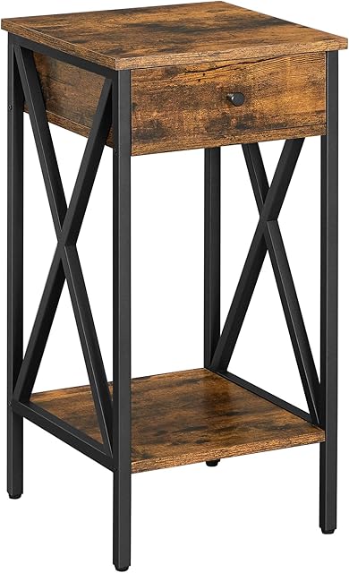VASAGLE Nightstand, End Table, Tall Bedside Table with Drawer and Storage Shelf, Industrial, Rustic Brown and Black LET501B01