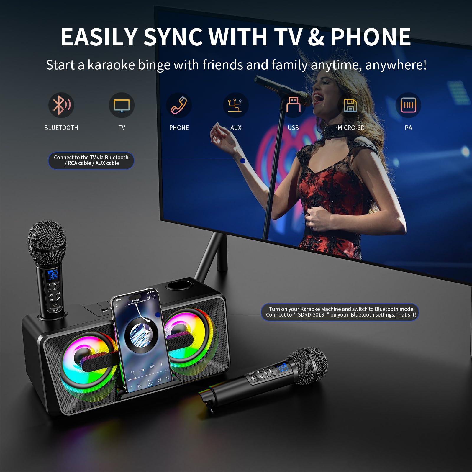 Maszyna do karaoke dla dorosłych i dzieci, 2 mikrofony UHF, głośniki Bluetooth, system PA z lampami, uchwyt na telefon, idealna na imprezę, piknik,