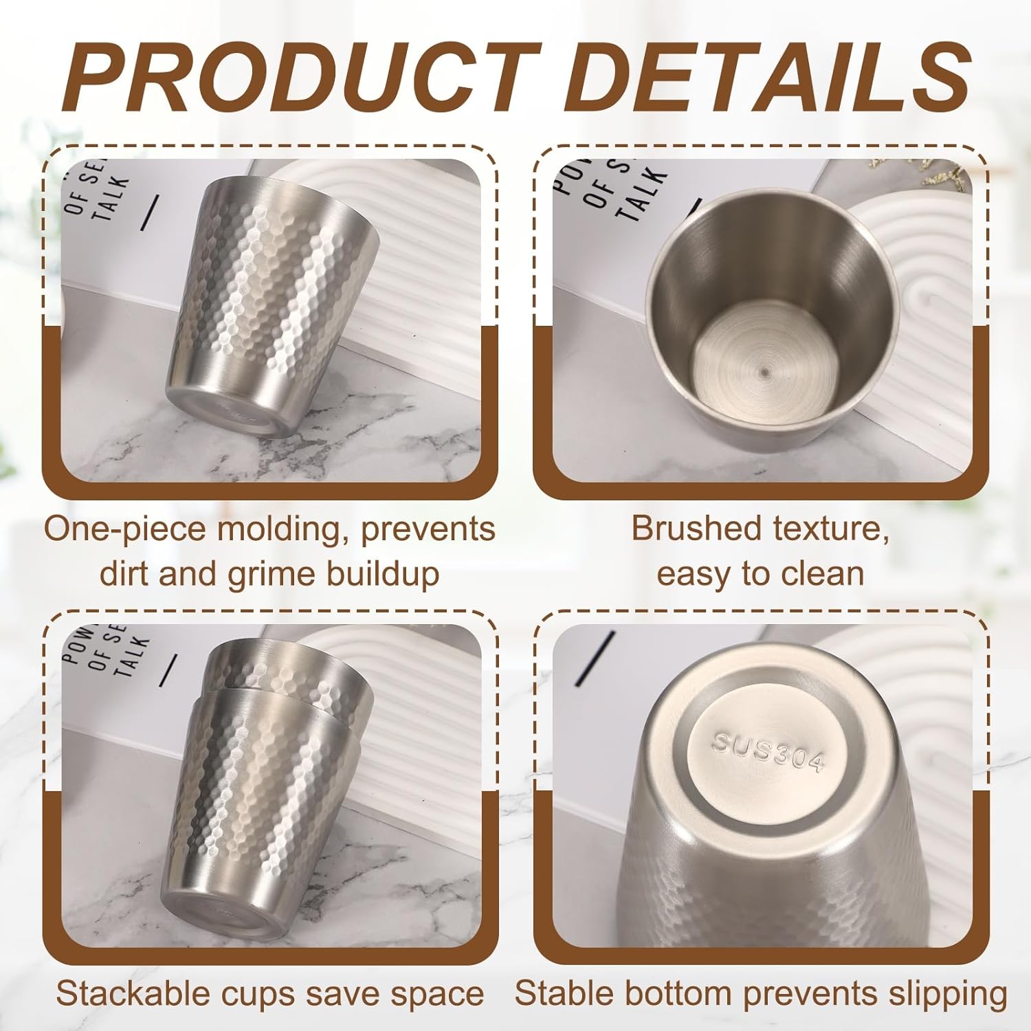 uxcell 2 Pcs Stainless Steel Cups, 9oz/260ml Metal Cups Diamond Textured Insulated Portable Stackable Drinking Tumblers for Home Restaurant Outdoor Travel Camping, Silver - Image 5