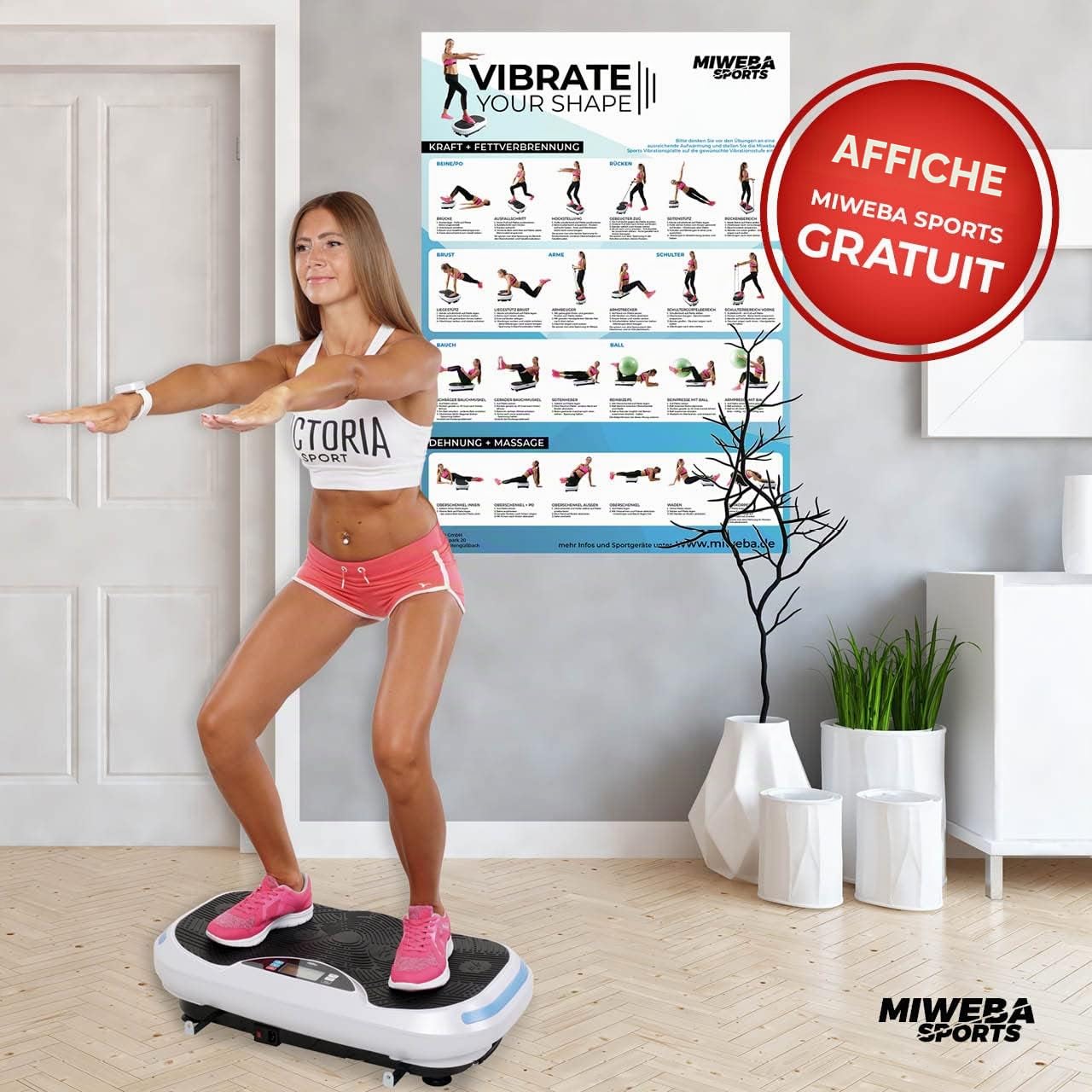 Miweba Sports Fitness 4D Wave Plaque vibrante MV300 - Bracelet télécommande - Design Wave - 800 Watts - Haut-Parleur Bluetooth - Bandes d'entraînement - LED - Grande Surface d'appui