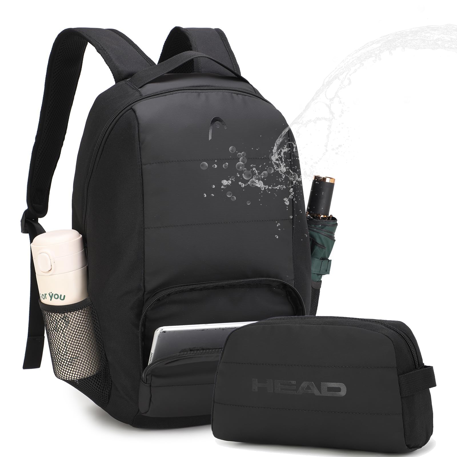 HEAD Waterproof Travel Laptop Backpack for Men, Lightweight Casual Daypack Backpacks with Toiletry Bag for Work/College/Sport/Gym/Workout, Fits 15.6