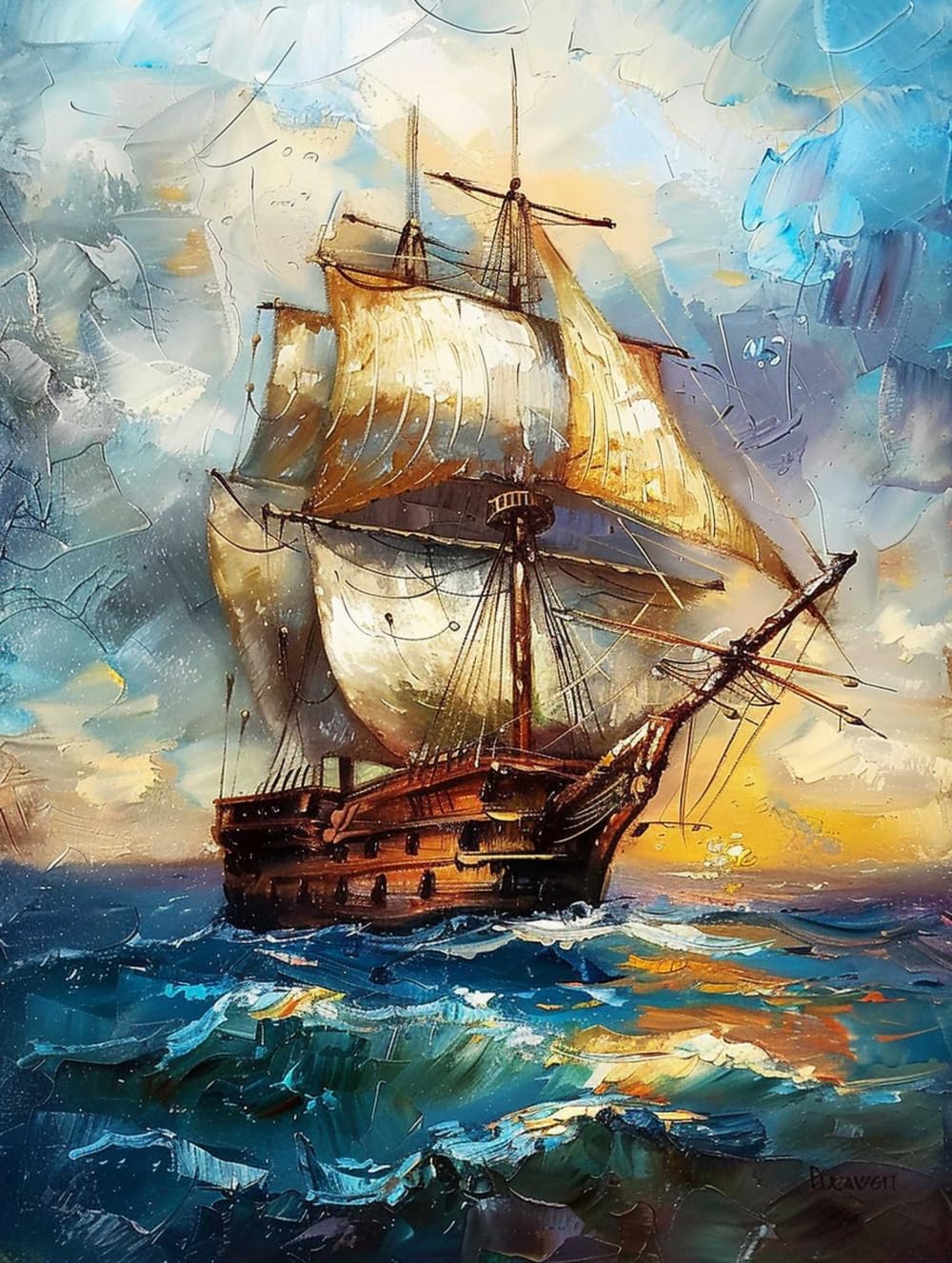 RKFLGEW 14CT Cross-Stitch Kits Vintage Sailboat Cross Stitch Set Fantasy Landscape Pre Printed Cross Stitch Kits for Adults Beginners, Embroidery Kit Wall Art Home Decor 60x80cm