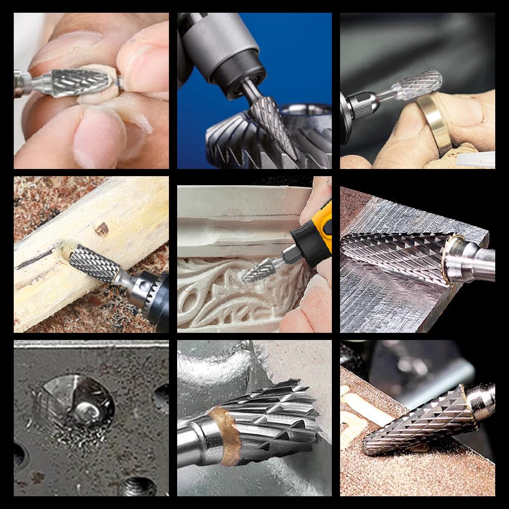 HIDOTOL Carbide Burr Set 1/4" Shank 10PC Tungsten Double Cut Carbide Rotary Burr Set for Metal and Wood Carving, Grinding, Polishing, Engraving, Drilling in Wooden Case. — Amazon image 6
