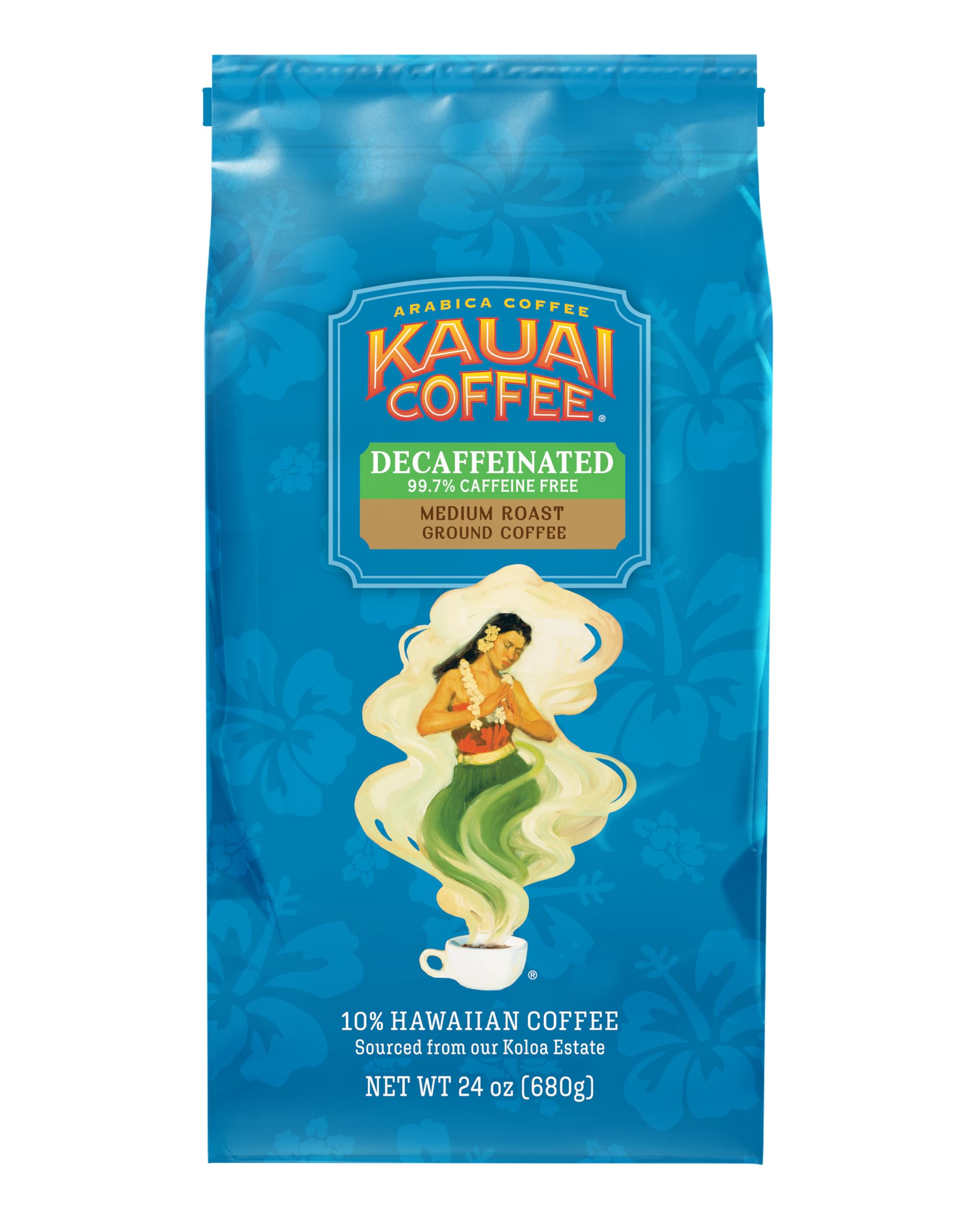 Kauai Ground Coffee, Decaf Medium Roast - Arabica Ground Coffee from Hawaii's Largest Coffee Grower - Bright Aroma with Light Floral Notes - 24 Ounces
